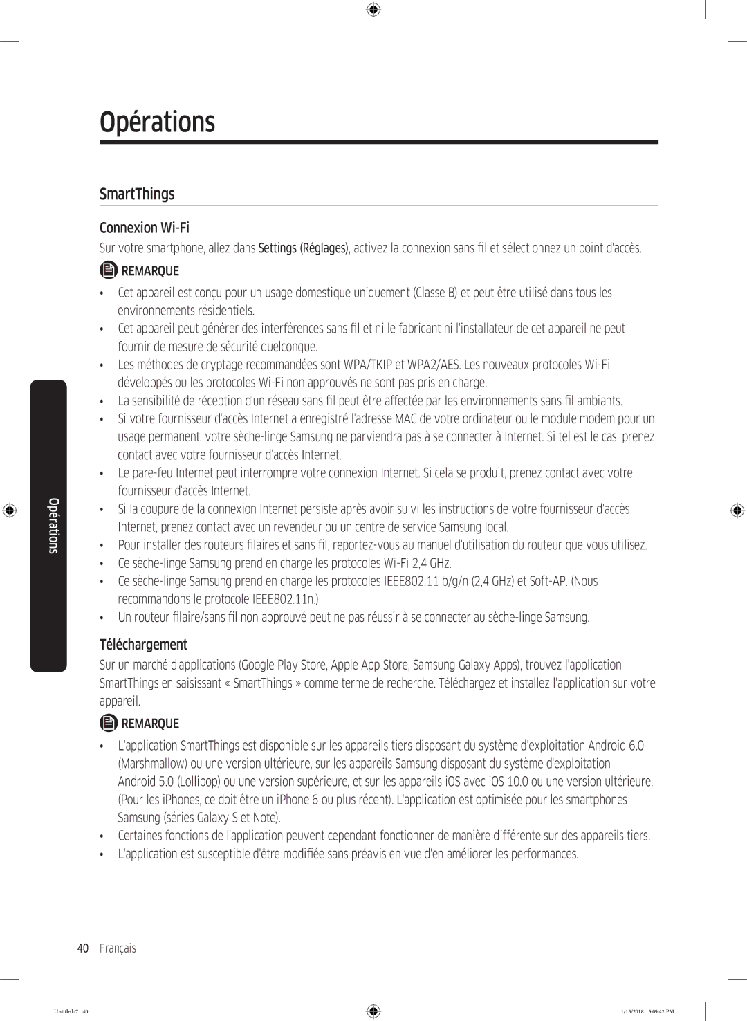 Samsung DV90N62632W/EF, DV80N62532W/EF, DV90N8289AW/EF manual SmartThings, Connexion Wi-Fi, Téléchargement 