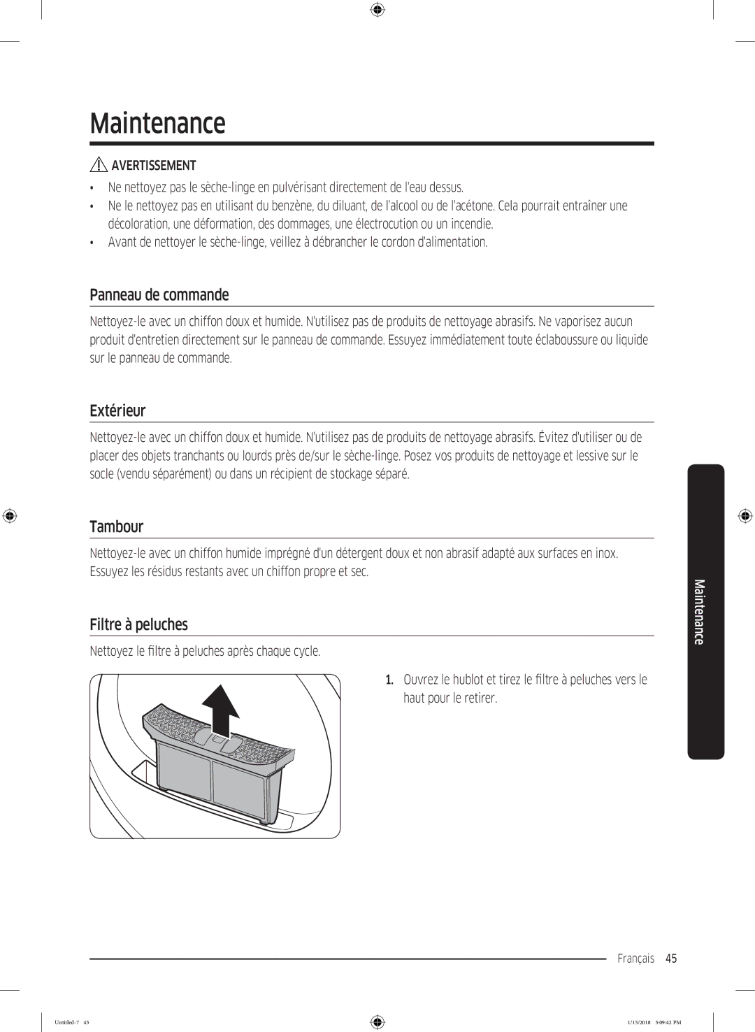 Samsung DV80N62532W/EF, DV90N62632W/EF, DV90N8289AW/EF manual Maintenance, Extérieur, Tambour, Filtre à peluches 