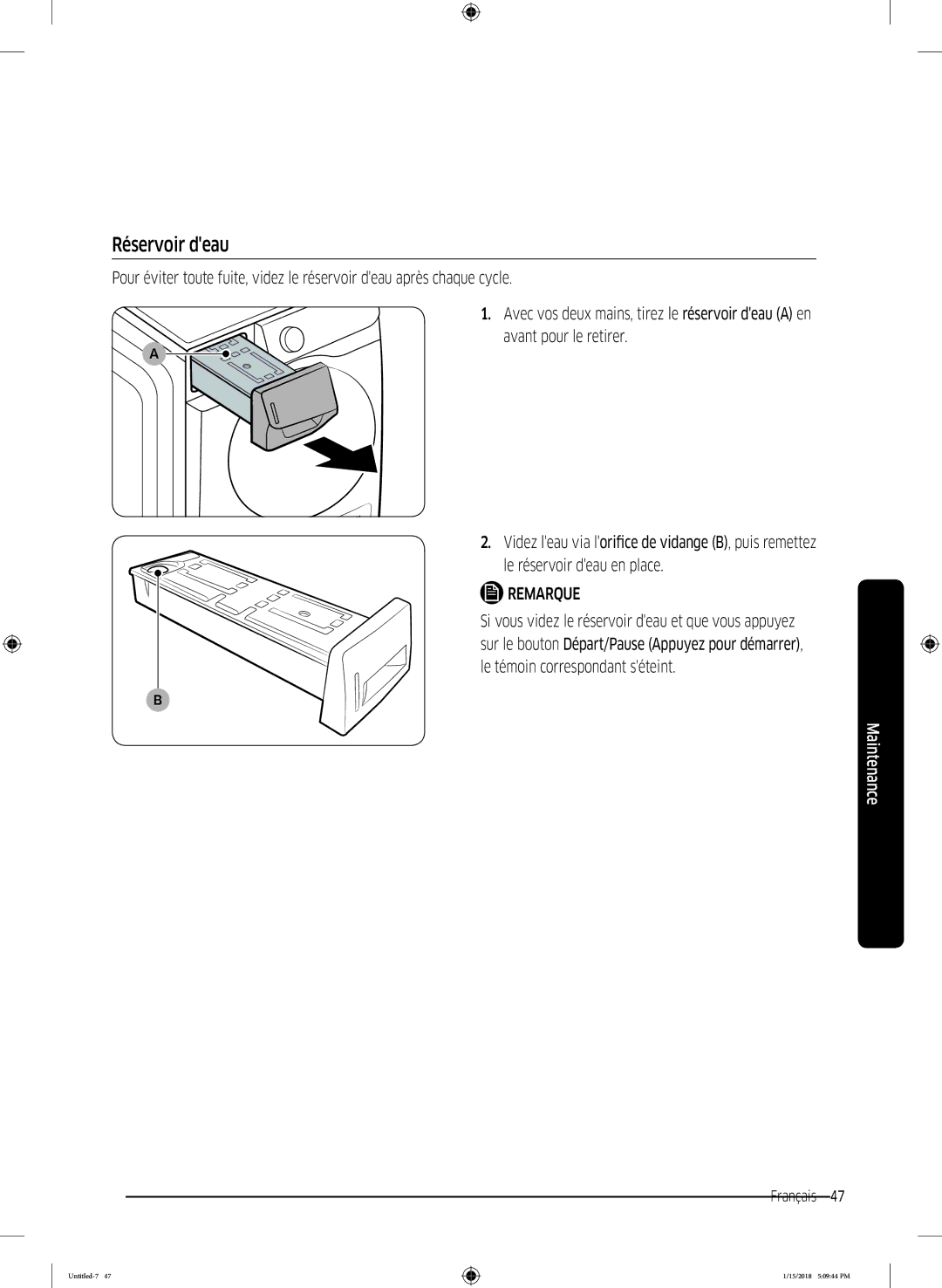 Samsung DV90N8289AW/EF, DV80N62532W/EF, DV90N62632W/EF manual Réservoir deau 