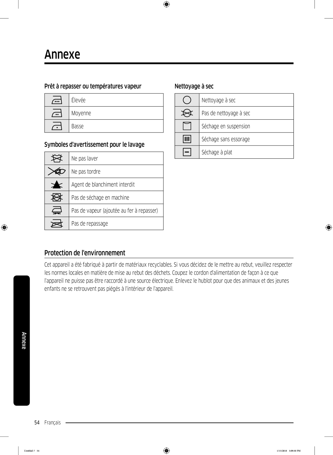 Samsung DV80N62532W/EF manual Protection de lenvironnement, Prêt à repasser ou températures vapeur, Nettoyage à sec 