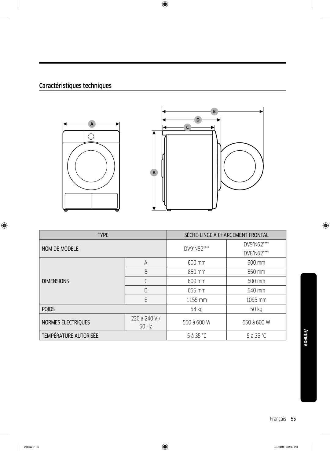 Samsung DV90N62632W/EF, DV80N62532W/EF, DV90N8289AW/EF manual Caractéristiques techniques 