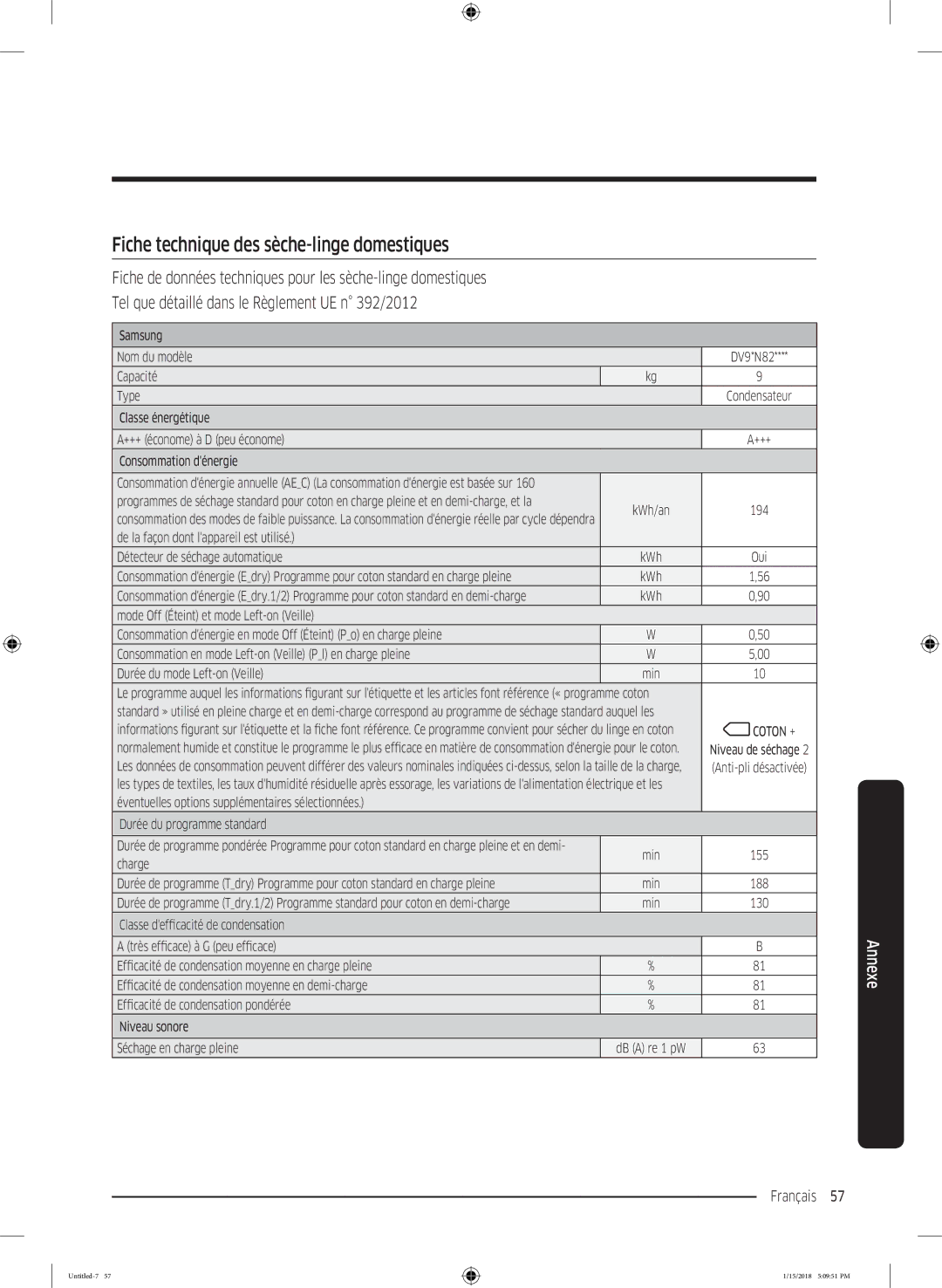 Samsung DV80N62532W/EF manual Fiche technique des sèche-linge domestiques, Classe énergétique +++ économe à D peu économe 