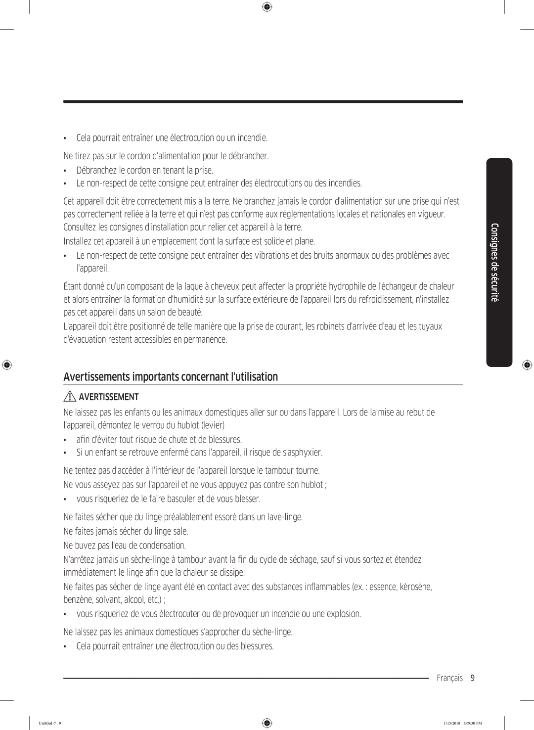 Samsung DV80N62532W/EF, DV90N62632W/EF, DV90N8289AW/EF manual Avertissements importants concernant lutilisation 