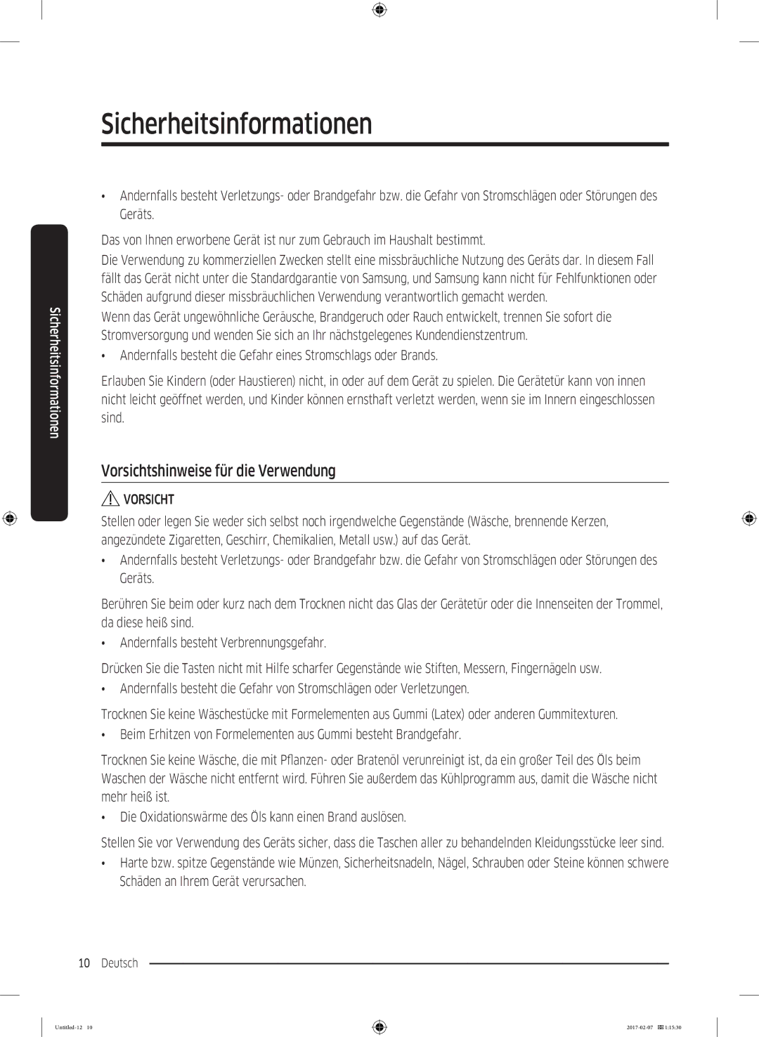 Samsung DV8XM6213EW/EG, DV81M6210CW/EG, DV81M6210CX/EG manual Vorsichtshinweise für die Verwendung 