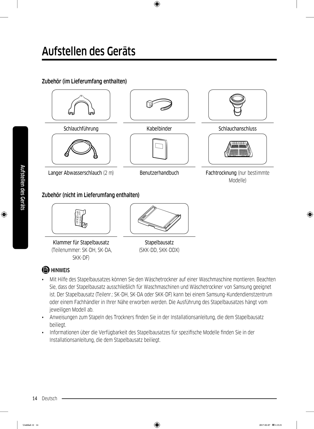 Samsung DV81M6210CX/EG, DV81M6210CW/EG manual Zubehör im Lieferumfang enthalten, Zubehör nicht im Lieferumfang enthalten 