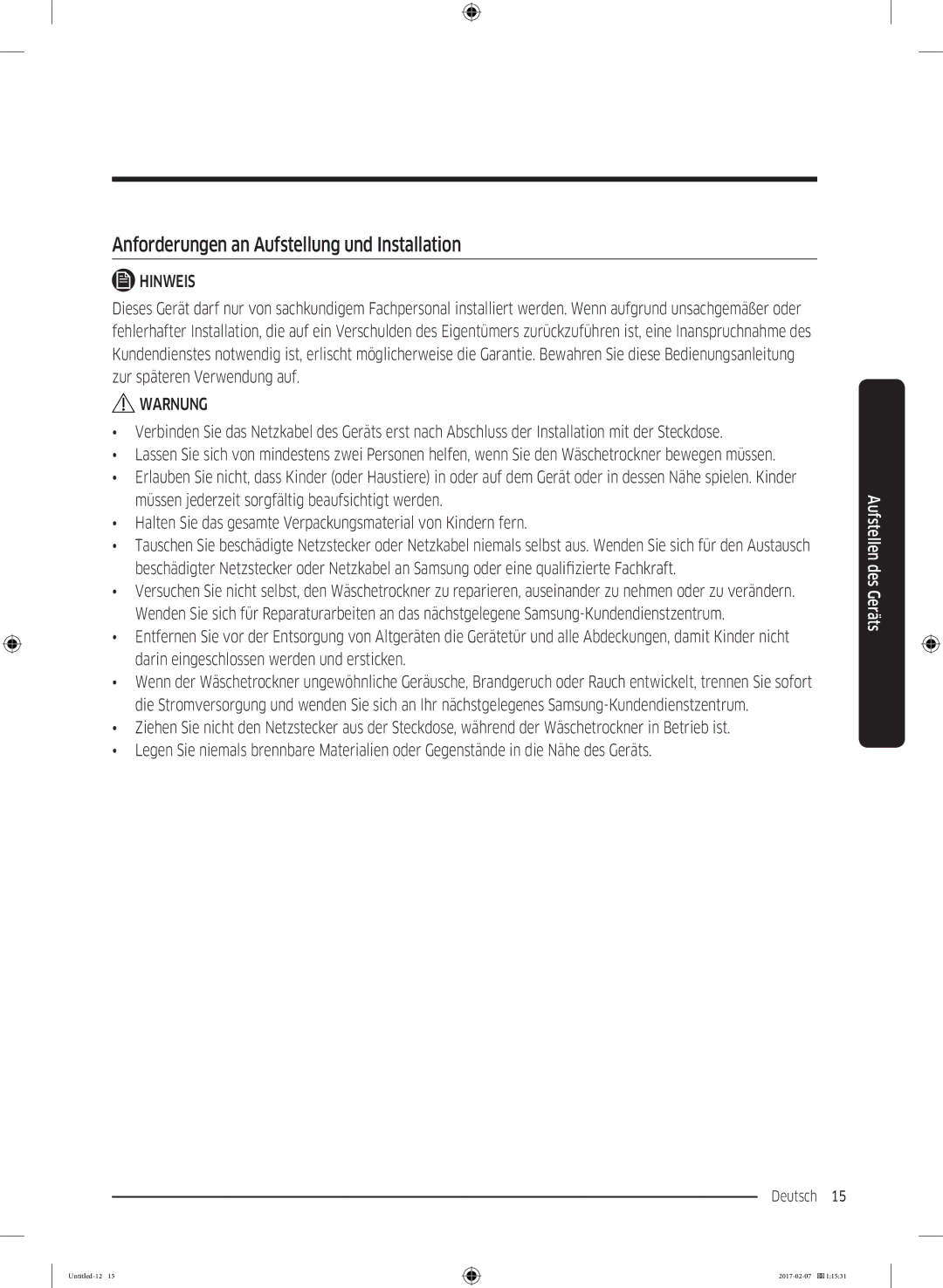 Samsung DV81M6210CW/EG, DV8XM6213EW/EG, DV81M6210CX/EG manual Anforderungen an Aufstellung und Installation 