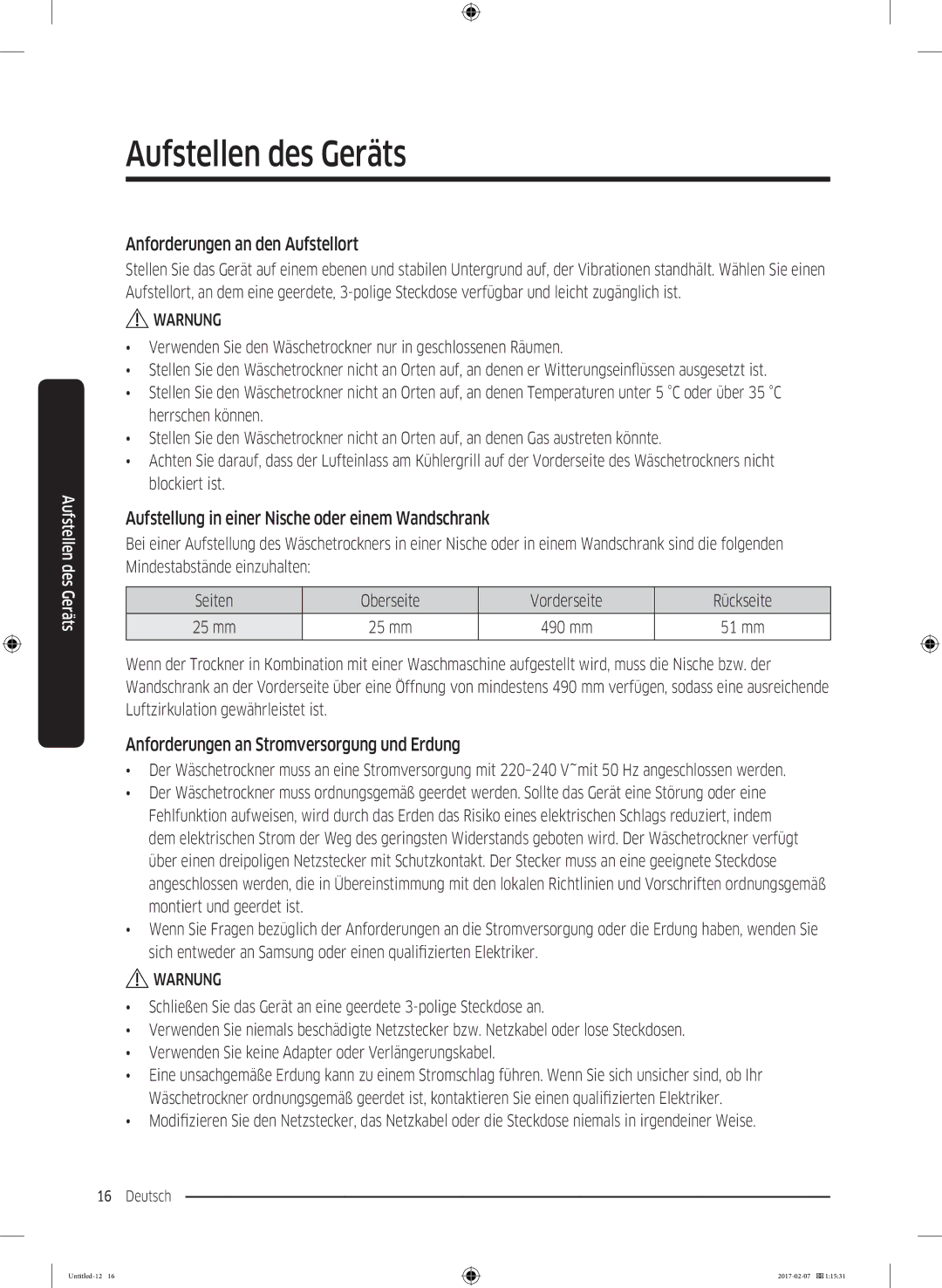 Samsung DV8XM6213EW/EG manual Anforderungen an den Aufstellort, Aufstellung in einer Nische oder einem Wandschrank 