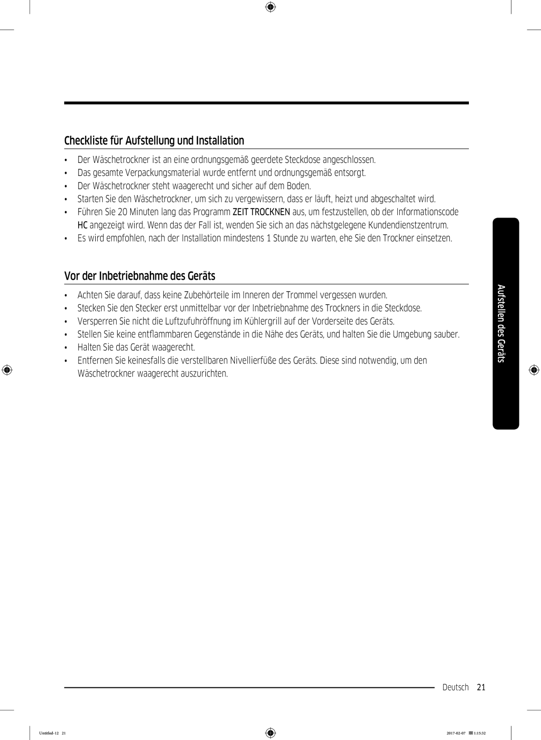 Samsung DV81M6210CW/EG, DV8XM6213EW/EG manual Checkliste für Aufstellung und Installation, Vor der Inbetriebnahme des Geräts 