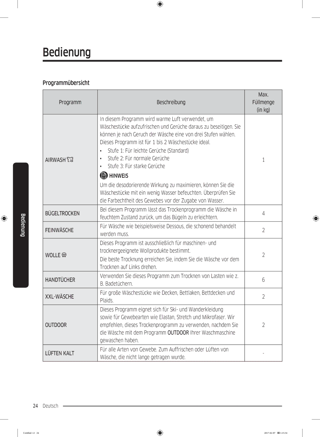 Samsung DV81M6210CW/EG, DV8XM6213EW/EG, DV81M6210CX/EG manual Programmübersicht 