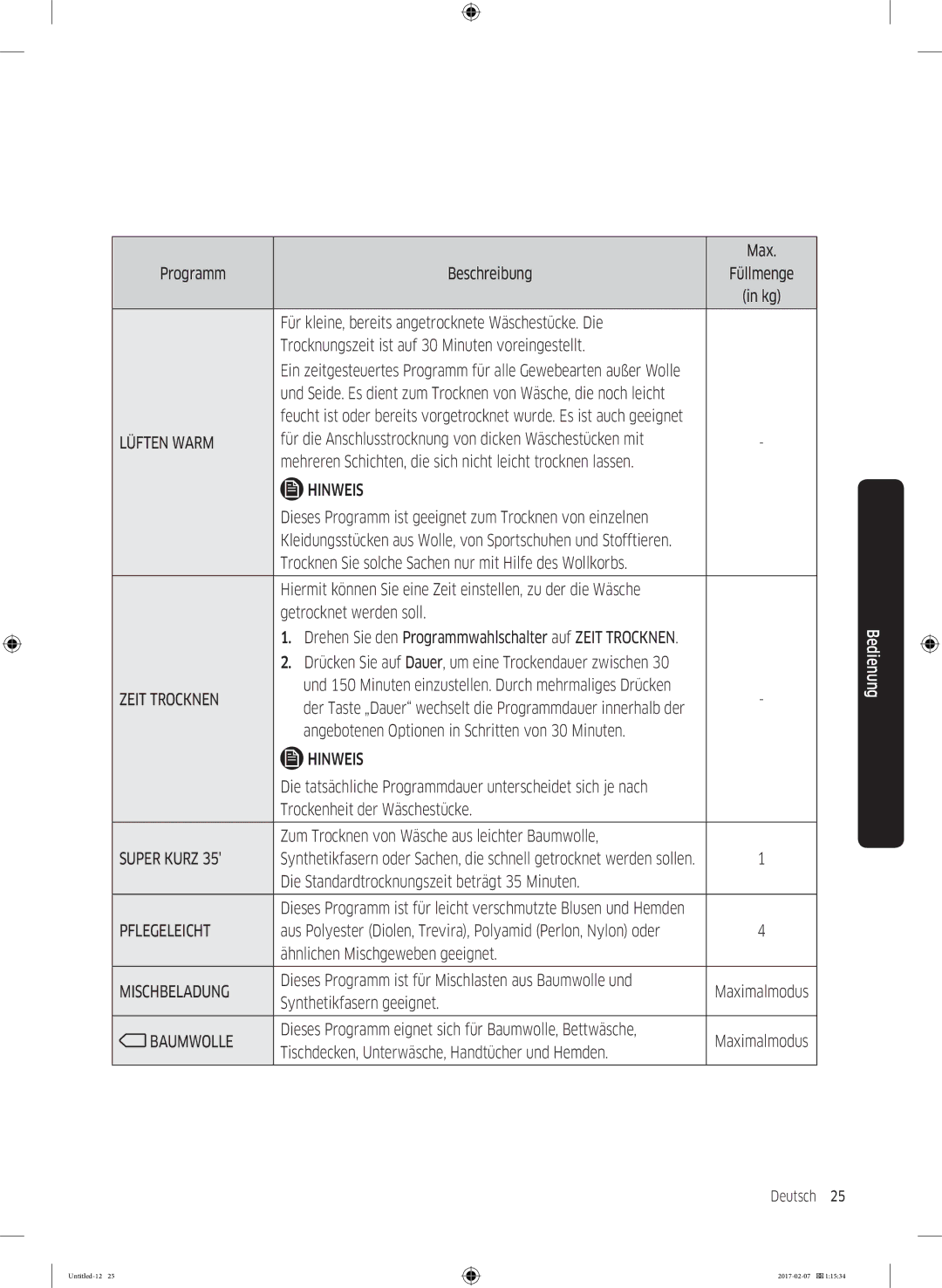 Samsung DV8XM6213EW/EG manual Max, Dieses Programm ist geeignet zum Trocknen von einzelnen, Ähnlichen Mischgeweben geeignet 