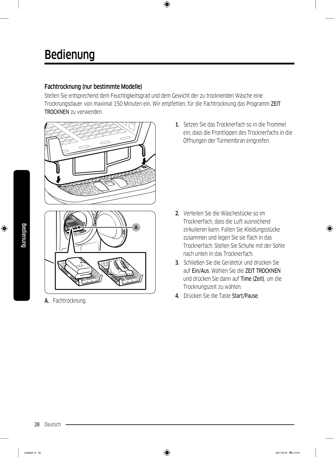 Samsung DV8XM6213EW/EG, DV81M6210CW/EG manual Fachtrocknung nur bestimmte Modelle, Drücken Sie die Taste Start/Pause 