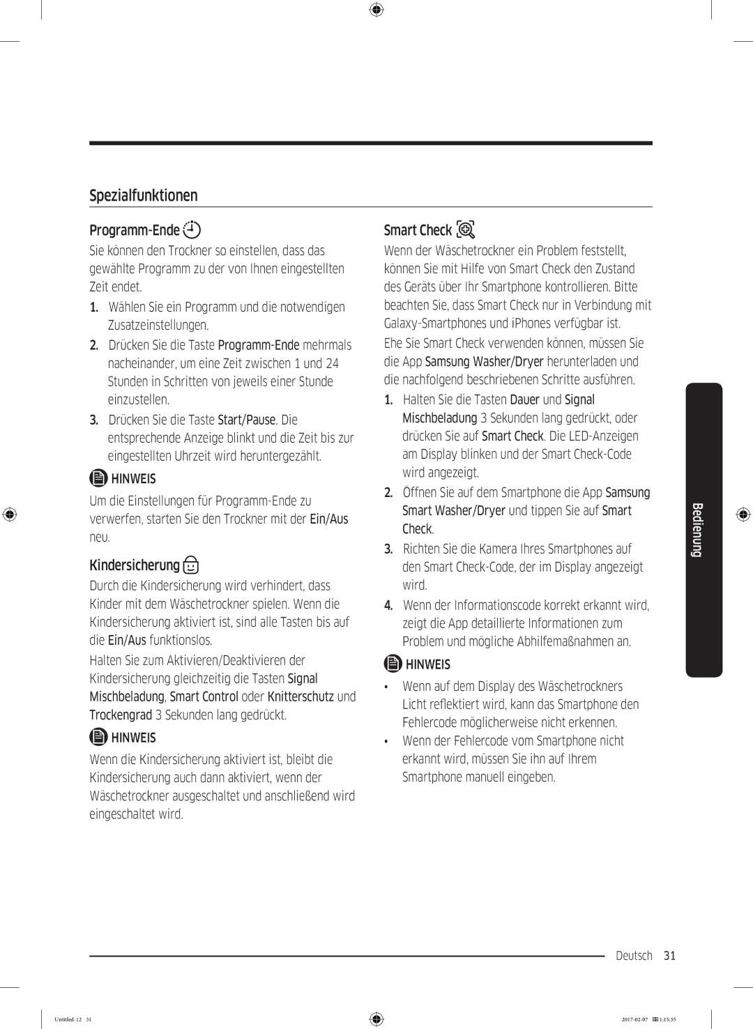 Samsung DV8XM6213EW/EG, DV81M6210CW/EG, DV81M6210CX/EG manual Spezialfunktionen, Programm-Ende, Kindersicherung, Smart Check 