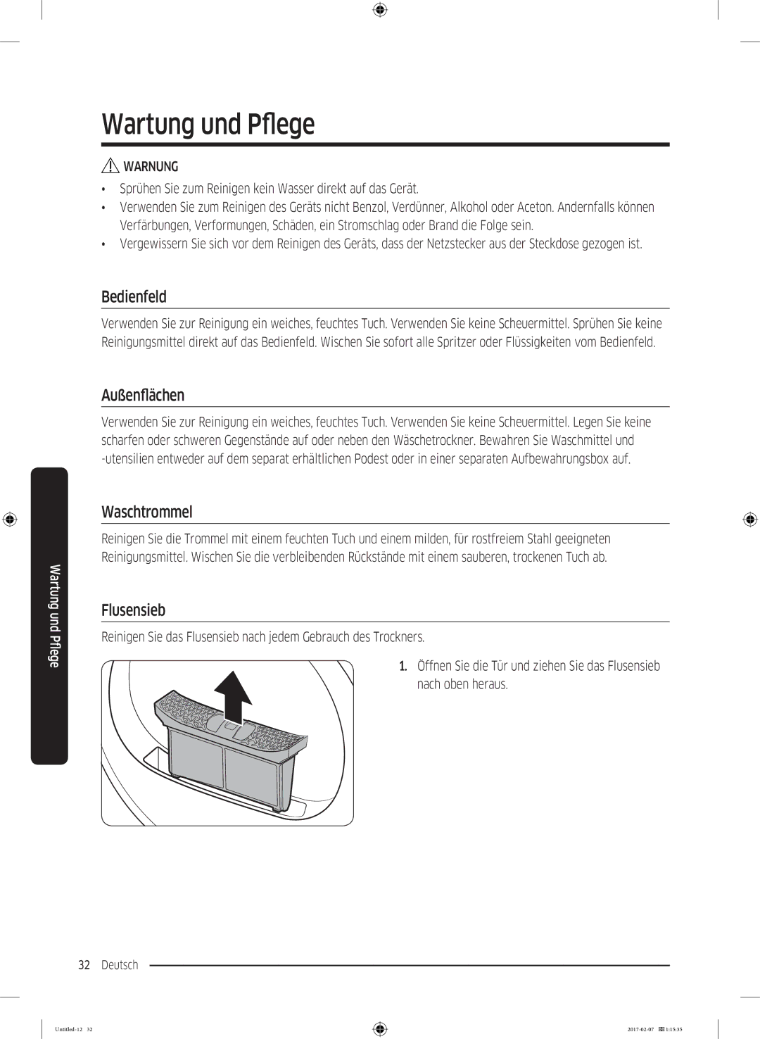 Samsung DV81M6210CX/EG, DV81M6210CW/EG, DV8XM6213EW/EG manual Wartung und Pflege, Außenflächen, Waschtrommel, Flusensieb 