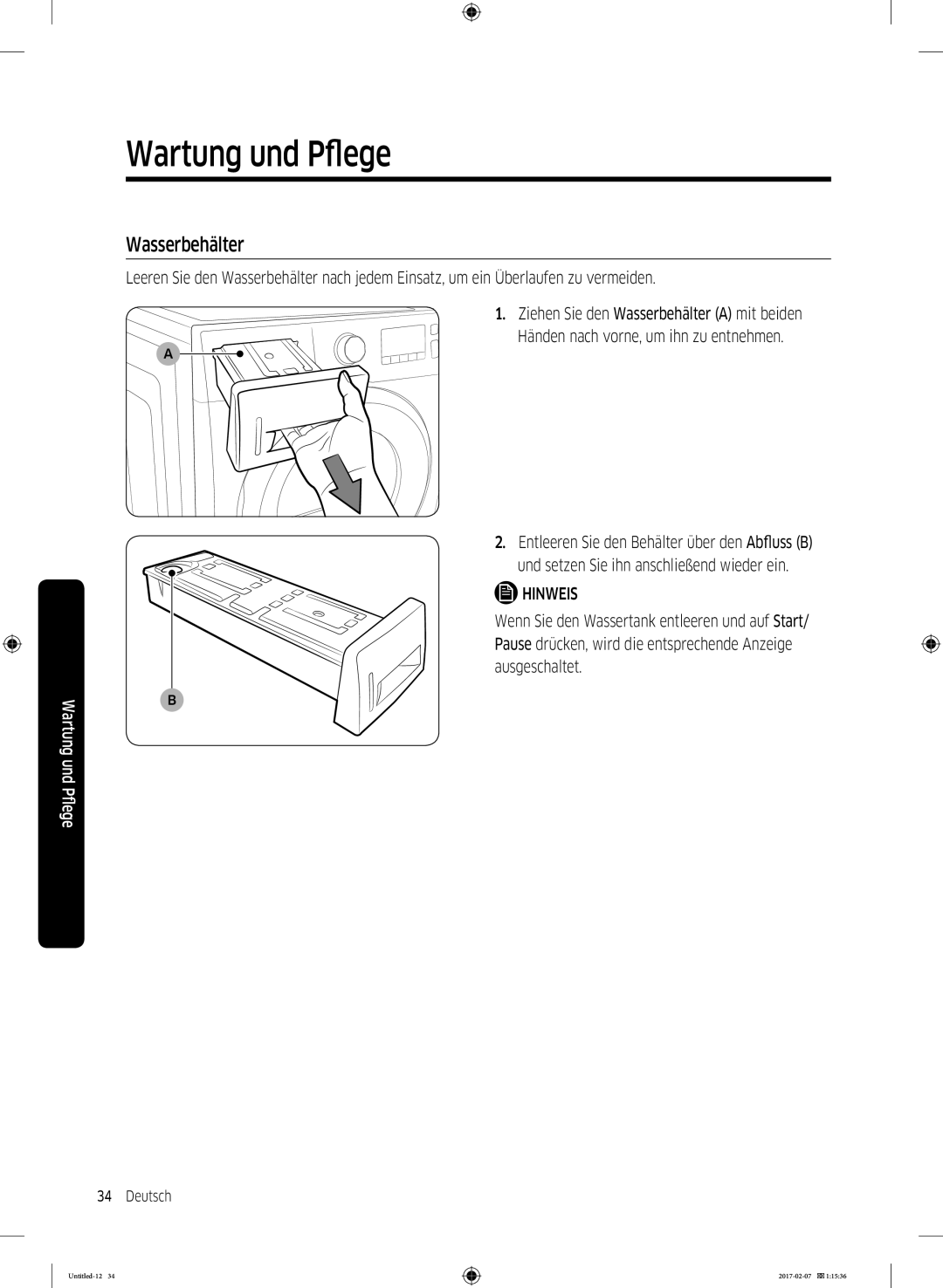 Samsung DV8XM6213EW/EG, DV81M6210CW/EG, DV81M6210CX/EG manual Wasserbehälter 