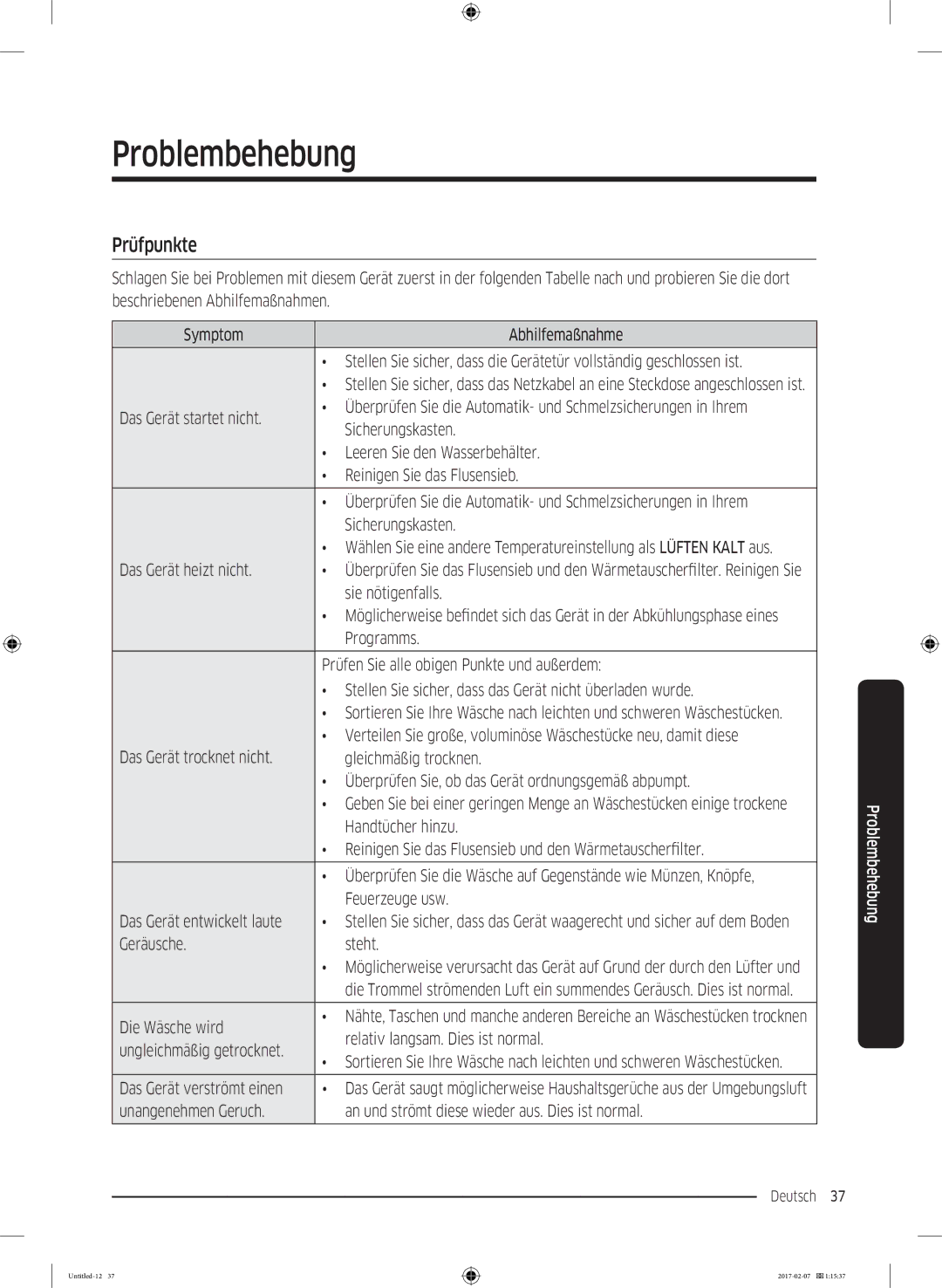 Samsung DV8XM6213EW/EG, DV81M6210CW/EG, DV81M6210CX/EG manual Problembehebung, Prüfpunkte 