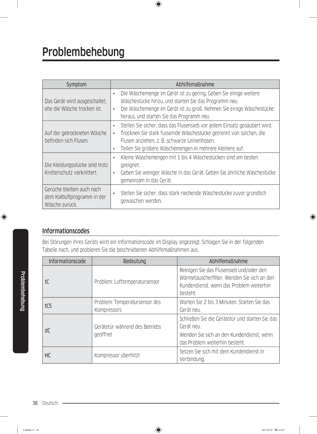 Samsung DV81M6210CX/EG, DV81M6210CW/EG, DV8XM6213EW/EG manual Informationscodes 