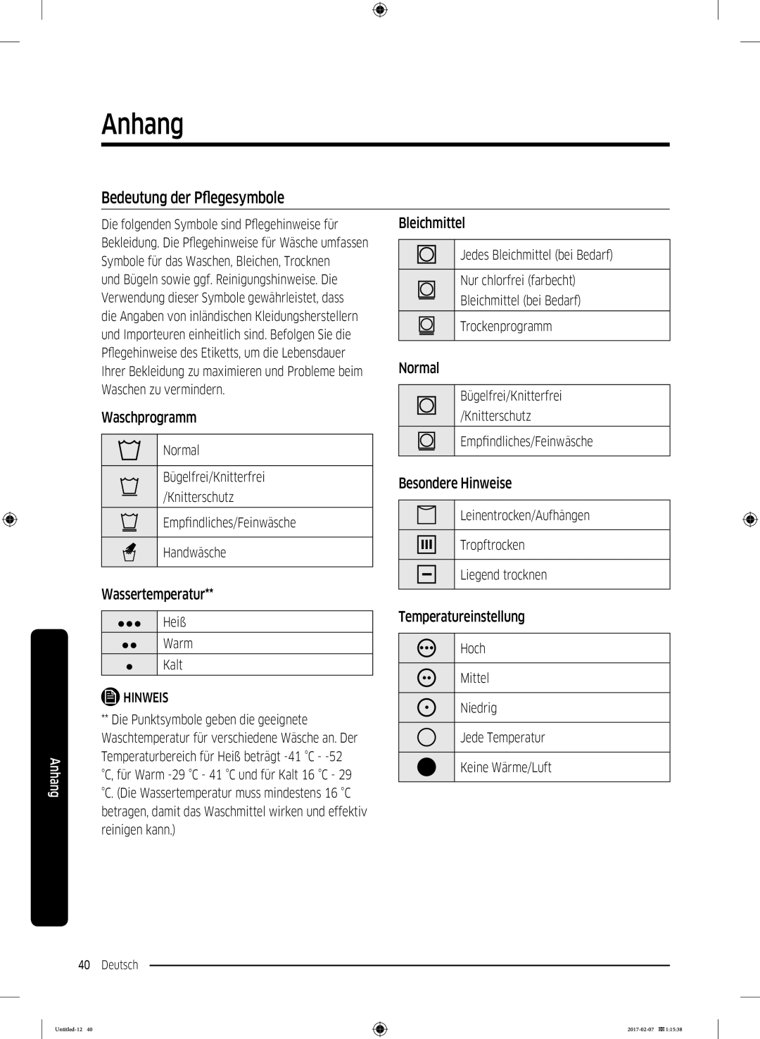 Samsung DV8XM6213EW/EG, DV81M6210CW/EG, DV81M6210CX/EG manual Anhang, Bedeutung der Pflegesymbole 