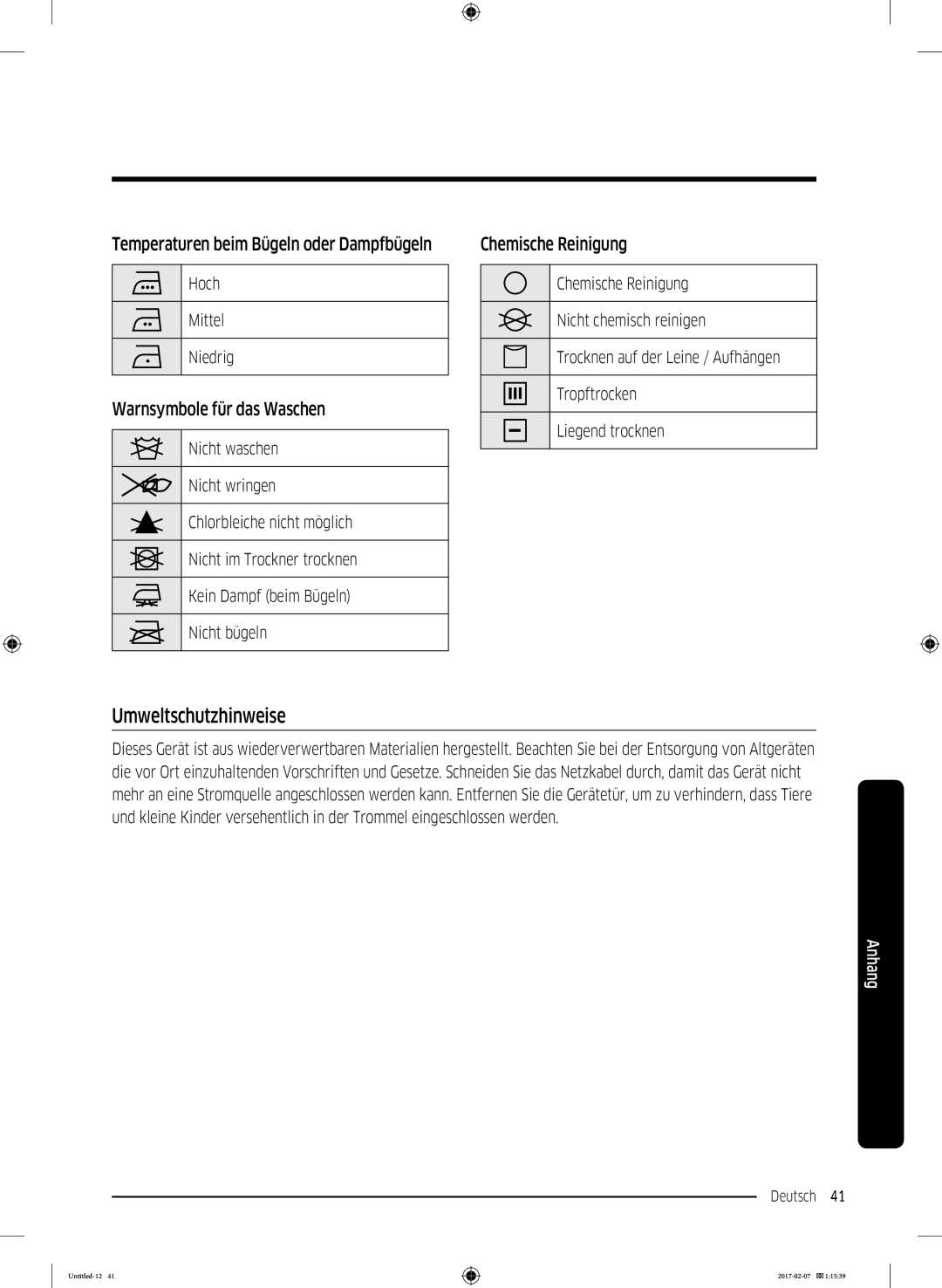 Samsung DV81M6210CX/EG manual Umweltschutzhinweise, Temperaturen beim Bügeln oder Dampfbügeln, Warnsymbole für das Waschen 