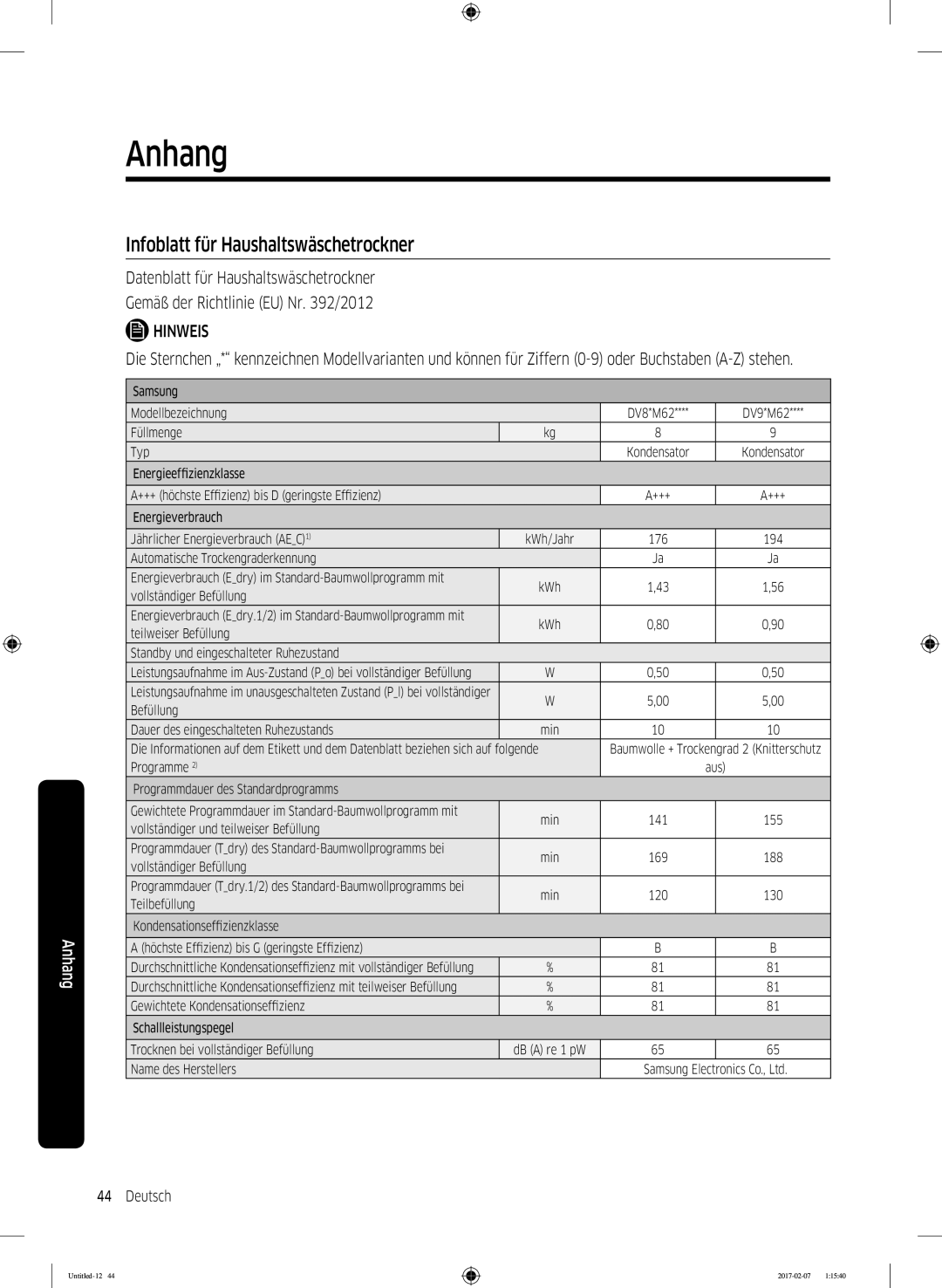 Samsung DV81M6210CX/EG, DV81M6210CW/EG, DV8XM6213EW/EG manual Infoblatt für Haushaltswäschetrockner, Min 