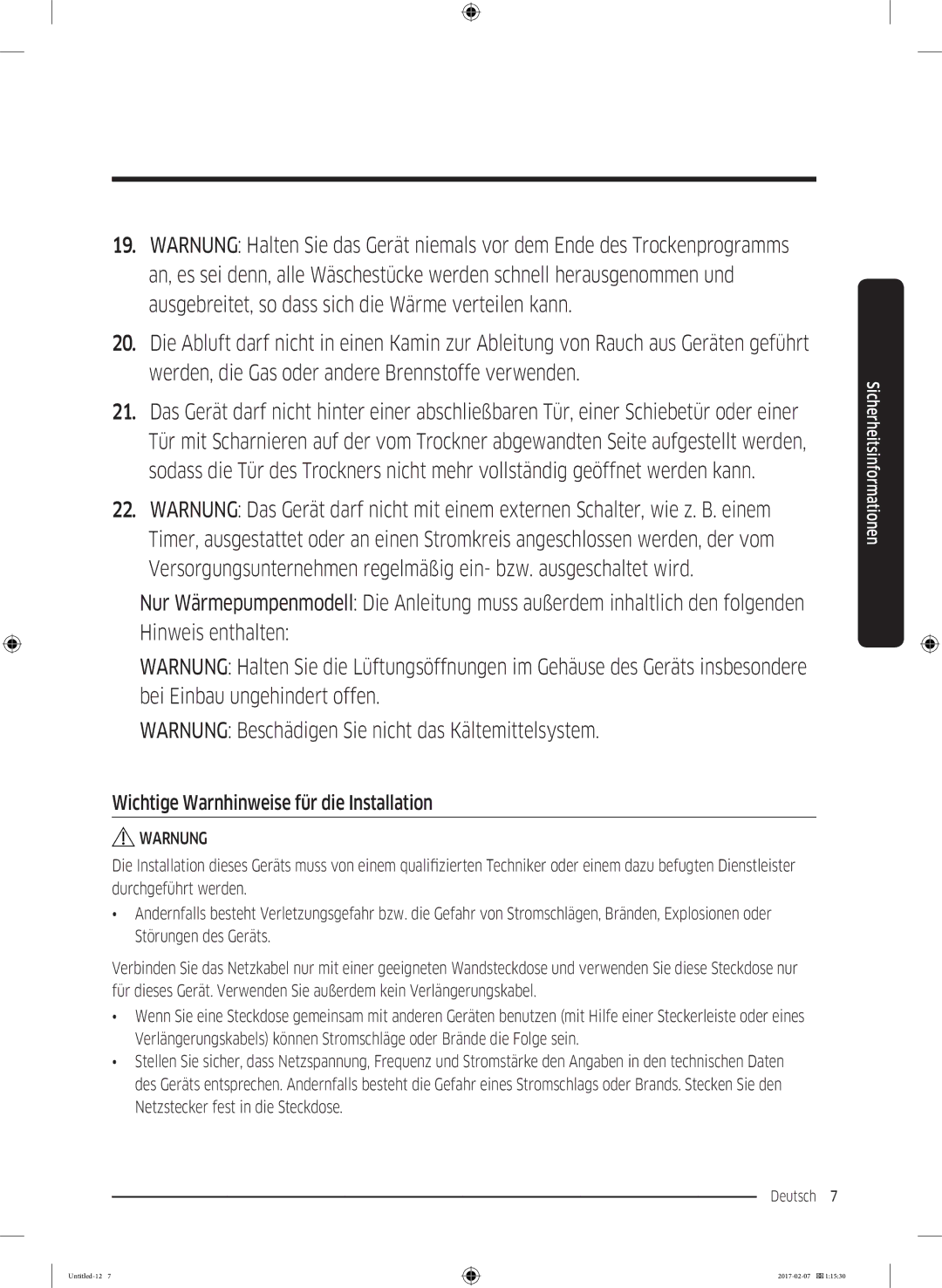 Samsung DV8XM6213EW/EG, DV81M6210CW/EG, DV81M6210CX/EG manual Wichtige Warnhinweise für die Installation 