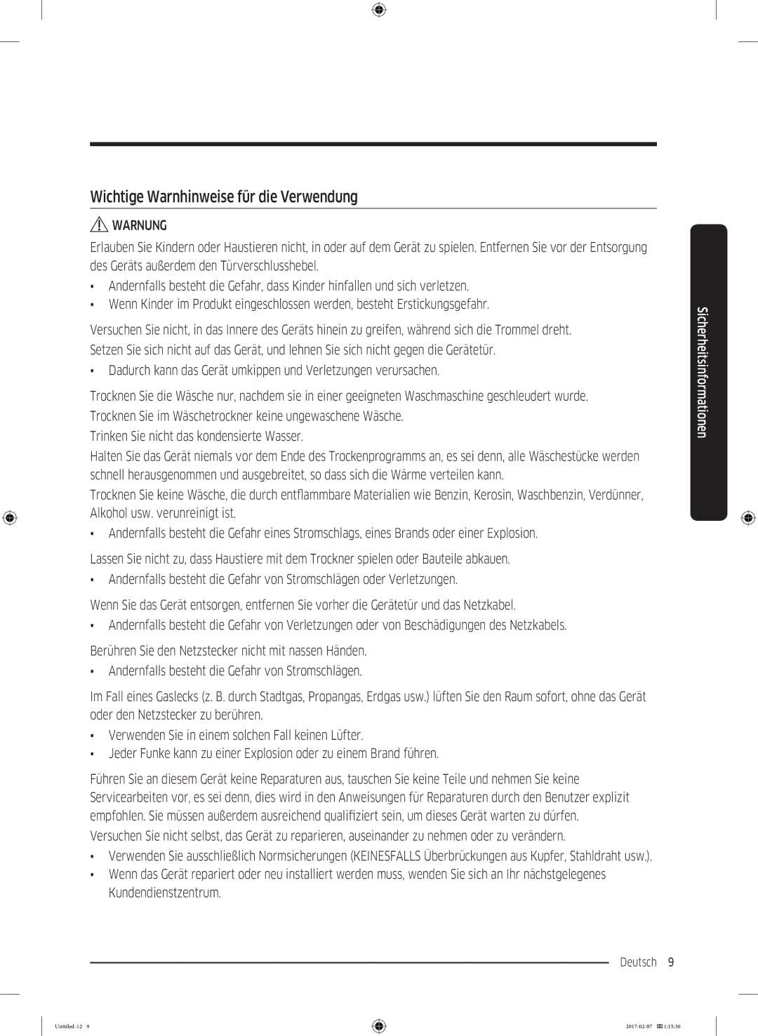 Samsung DV81M6210CW/EG, DV8XM6213EW/EG, DV81M6210CX/EG manual Wichtige Warnhinweise für die Verwendung 