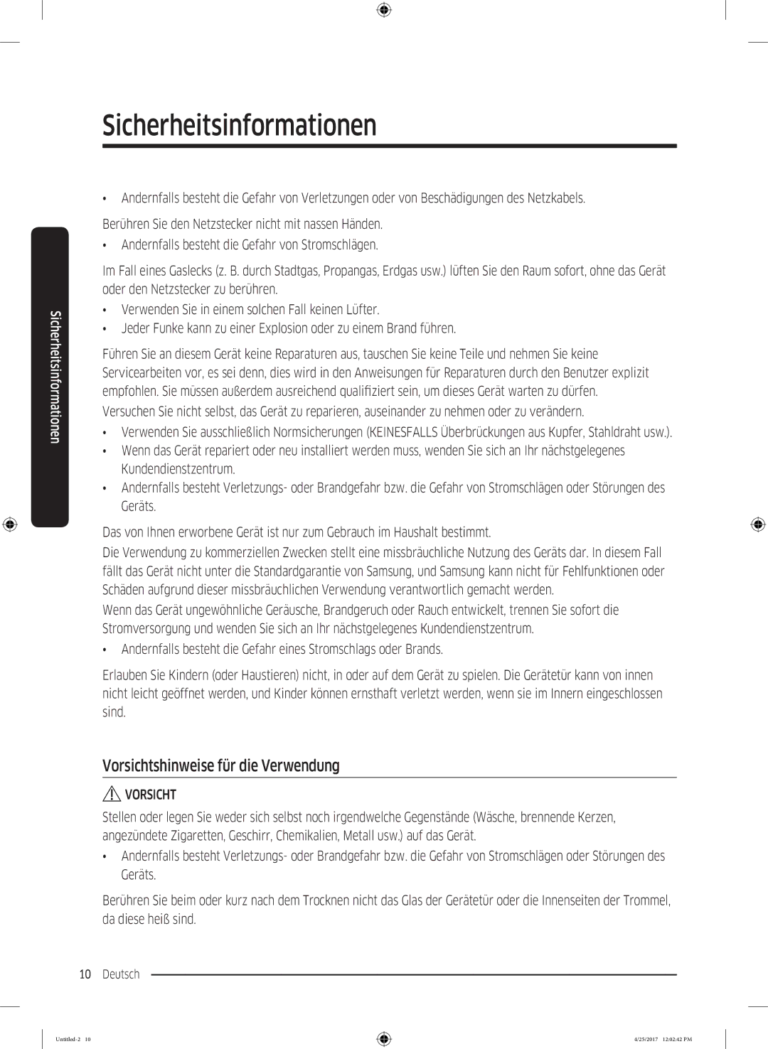 Samsung DV8AM50101W/EG, DV7AM50203W/EG, DV8TM5010QW/EG, DV81M50103W/EG, DV7FM5020KW/EG Vorsichtshinweise für die Verwendung 