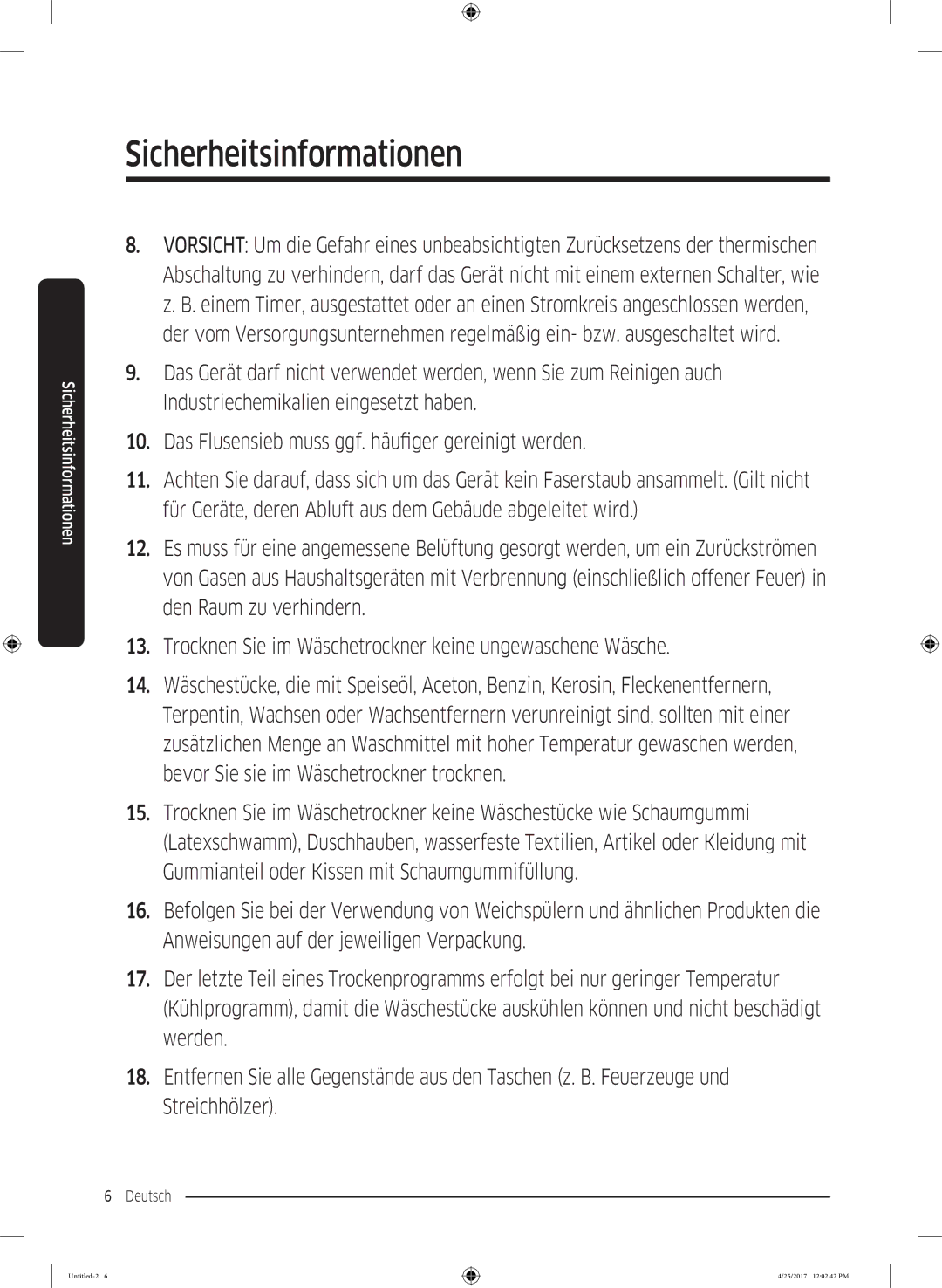 Samsung DV80M5210IW/EG, DV8AM50101W/EG, DV7AM50203W/EG, DV8TM5010QW/EG, DV81M50103W/EG manual Sicherheitsinformationen 