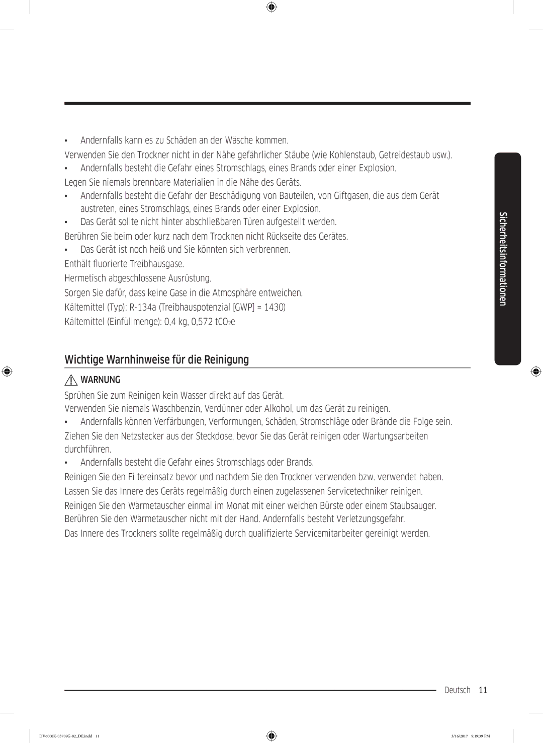 Samsung DV80K6010CW/EG, DV8EK6010EW/EG manual Wichtige Warnhinweise für die Reinigung 