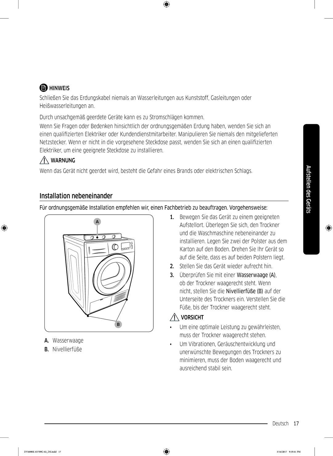 Samsung DV80K6010CW/EG, DV8EK6010EW/EG manual Installation nebeneinander, Und die Waschmaschine nebeneinander zu 