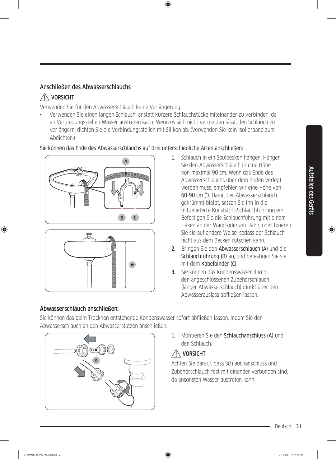 Samsung DV80K6010CW/EG, DV8EK6010EW/EG manual Anschließen des Abwasserschlauchs, Abwasserschlauch anschließen 