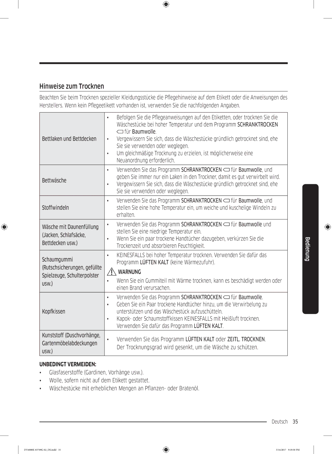 Samsung DV80K6010CW/EG, DV8EK6010EW/EG manual Hinweise zum Trocknen 