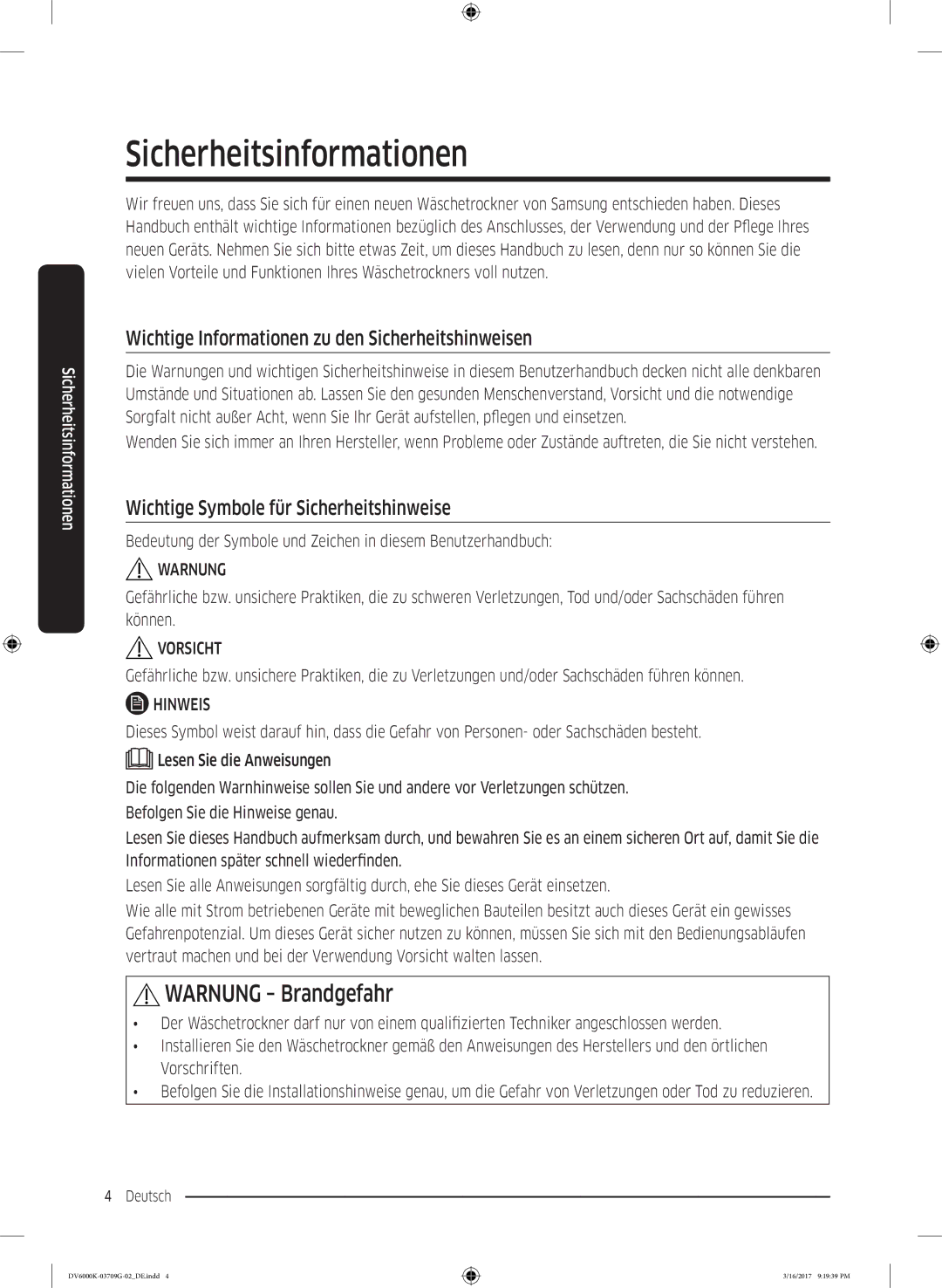 Samsung DV8EK6010EW/EG, DV80K6010CW/EG manual Sicherheitsinformationen, Wichtige Informationen zu den Sicherheitshinweisen 