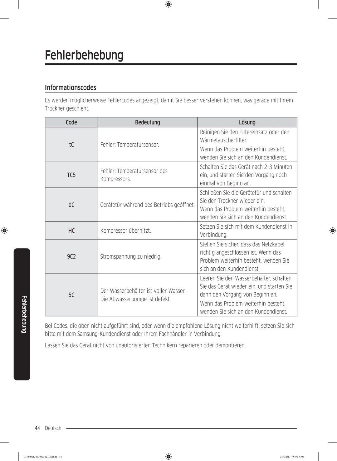 Samsung DV8EK6010EW/EG, DV80K6010CW/EG manual Informationscodes 