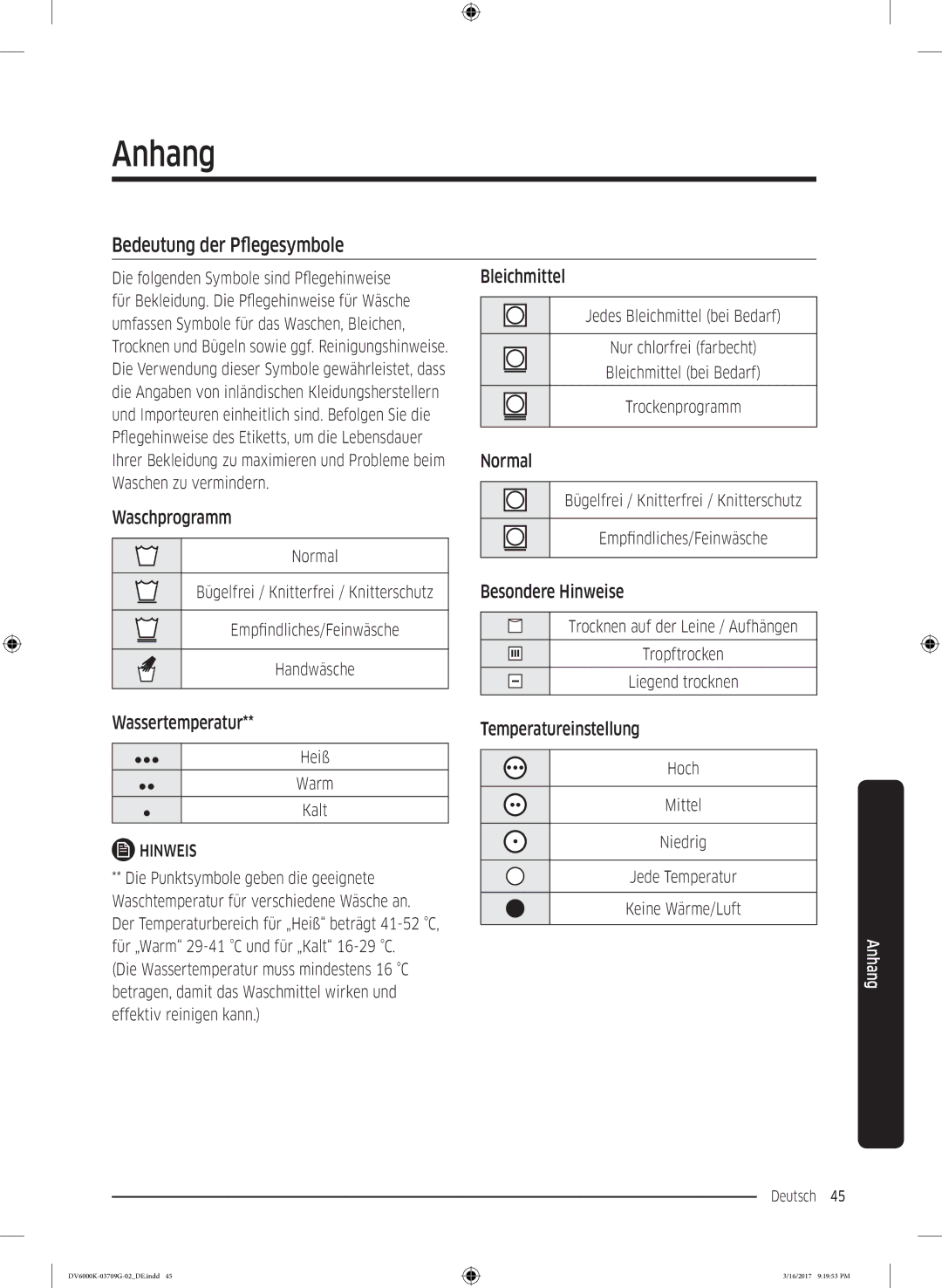 Samsung DV80K6010CW/EG, DV8EK6010EW/EG manual Anhang, Bedeutung der Pfegesymbole 