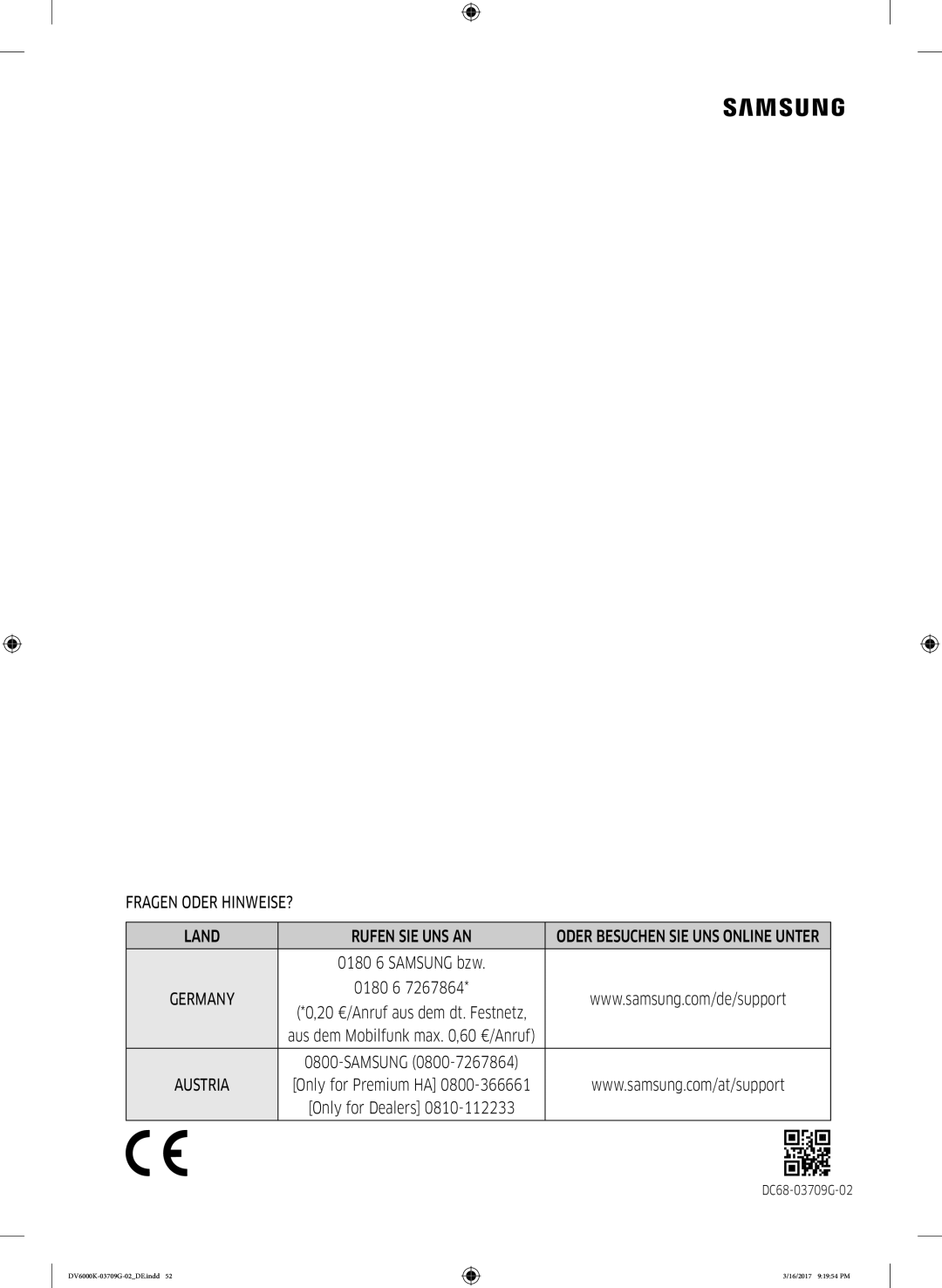 Samsung DV8EK6010EW/EG, DV80K6010CW/EG manual Fragen Oder HINWEISE? Land Rufen SIE UNS AN 