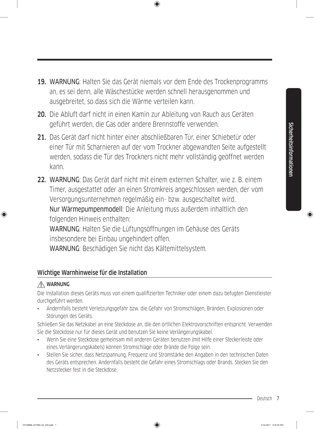 Samsung DV80K6010CW/EG, DV8EK6010EW/EG manual Wichtige Warnhinweise für die Installation 