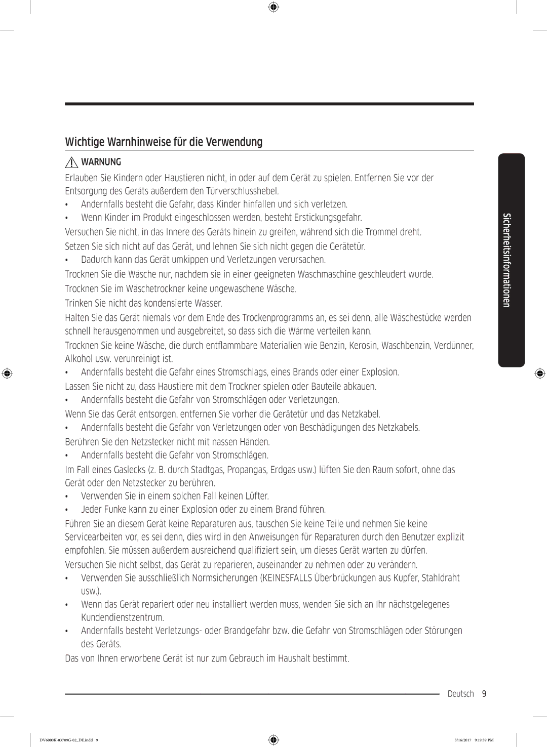 Samsung DV80K6010CW/EG, DV8EK6010EW/EG manual Wichtige Warnhinweise für die Verwendung 