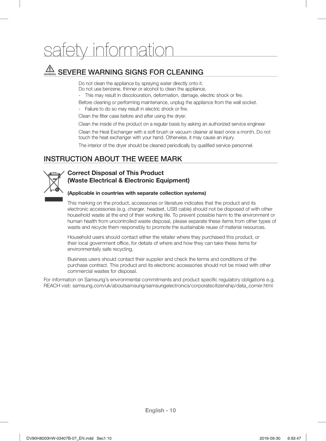 Samsung DV90H8000HW/EE manual Instruction about the Weee Mark, Applicable in countries with separate collection systems 