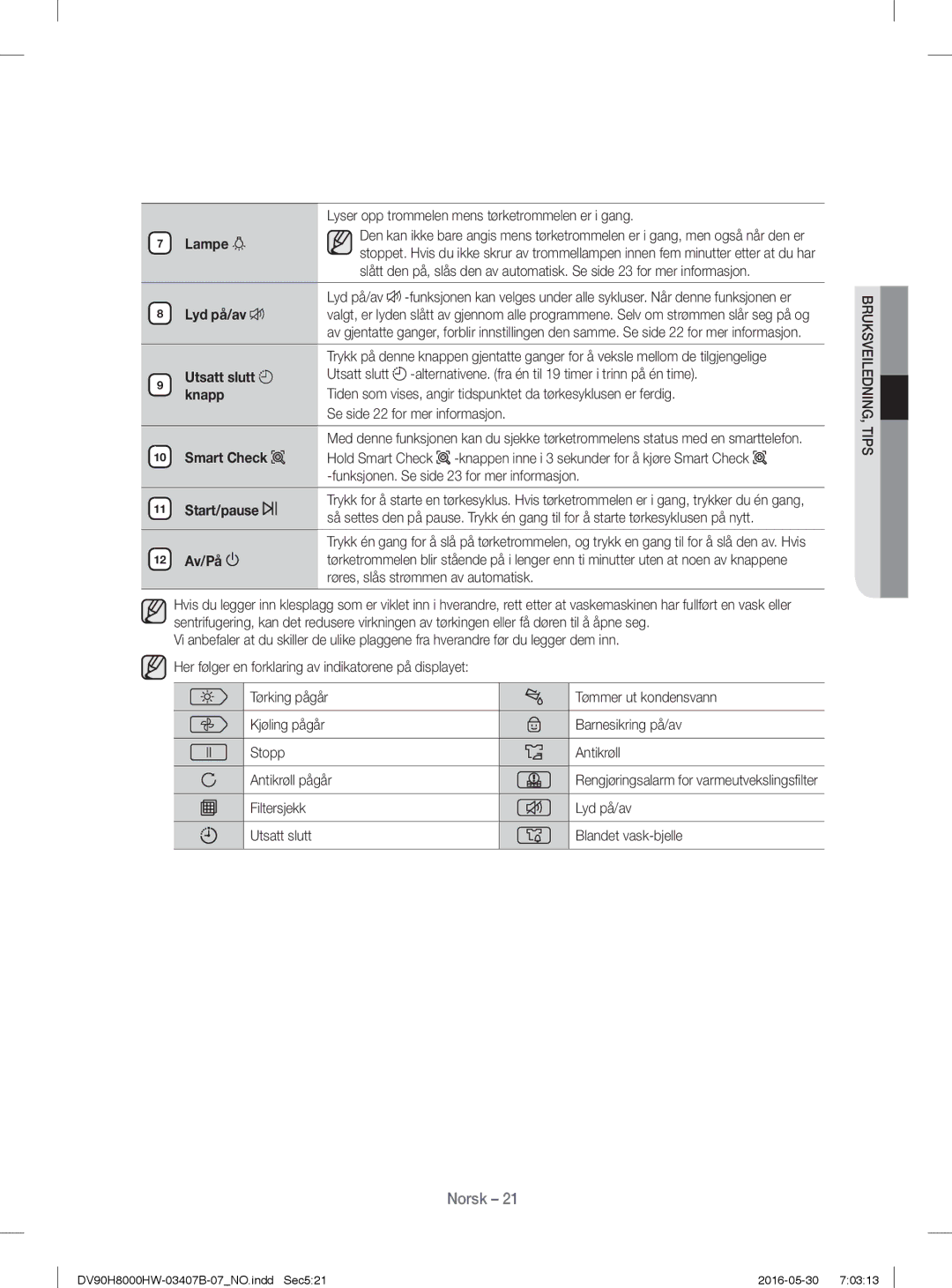 Samsung DV80H8100HW/EE, DV90H8000HW/EE manual Lampe, Utsatt slutt, Av/På 