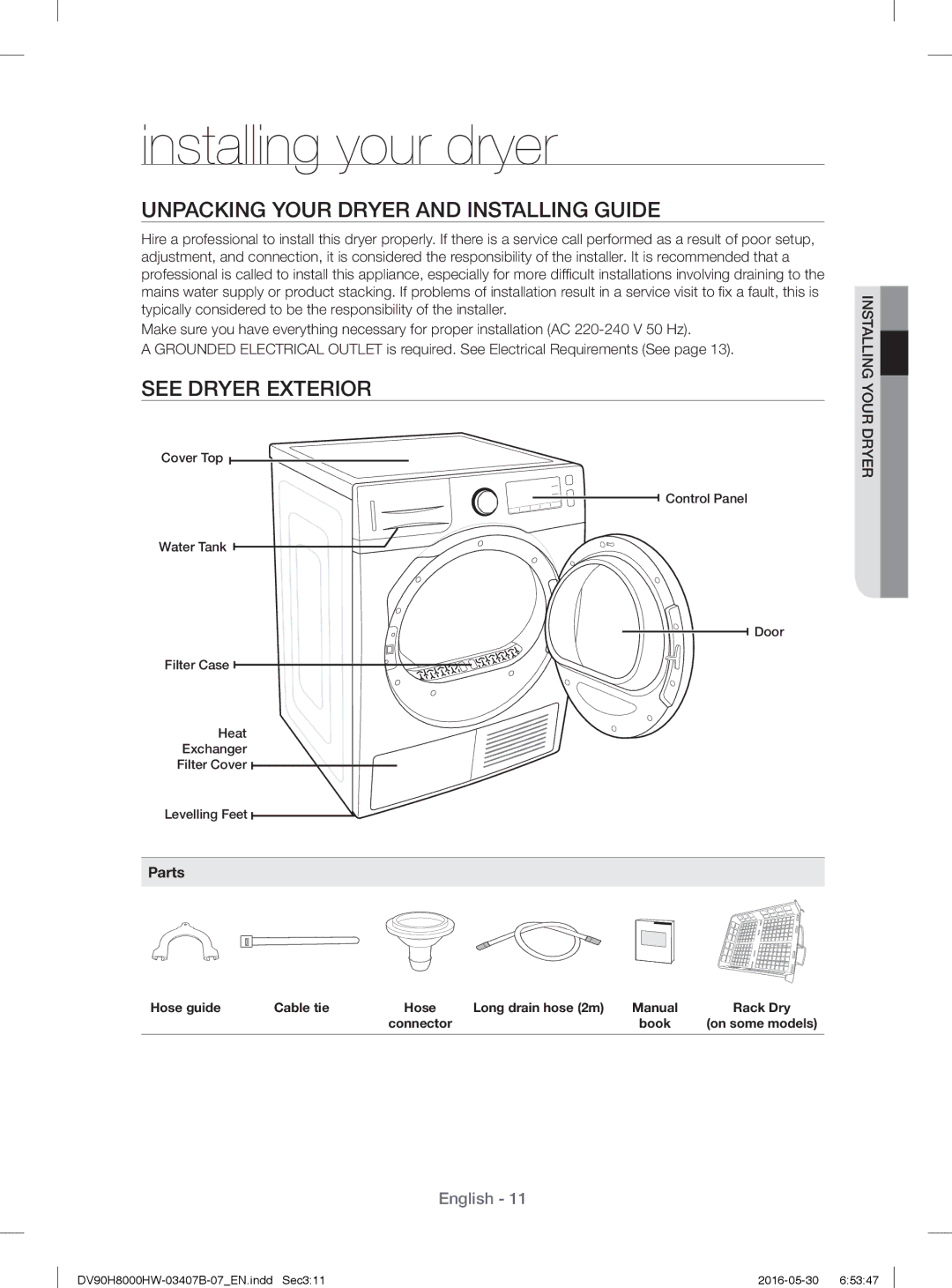 Samsung DV80H8100HW/EE manual Installing your dryer, Unpacking Your Dryer and Installing Guide, See Dryer Exterior, Parts 