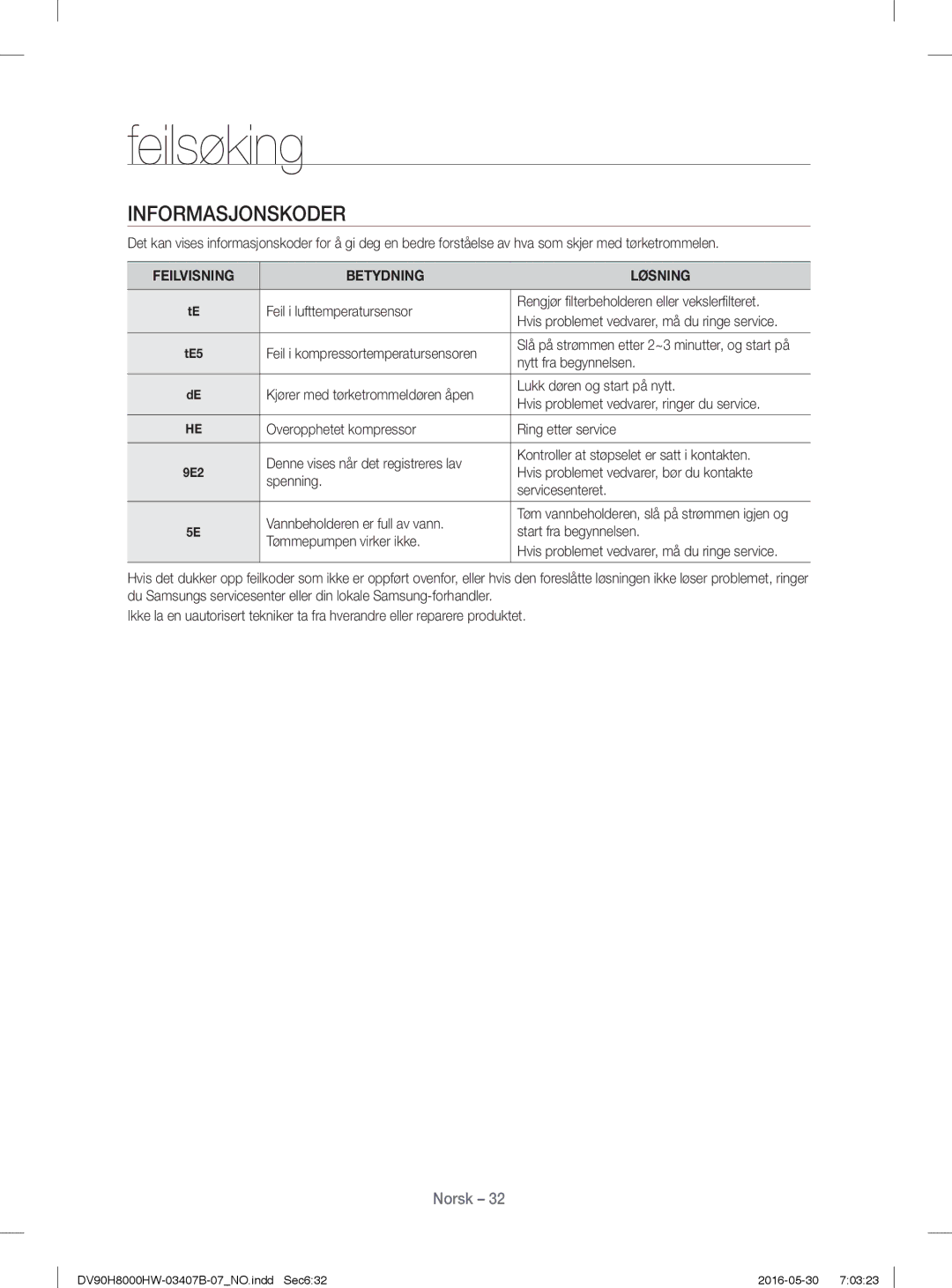 Samsung DV90H8000HW/EE, DV80H8100HW/EE manual Informasjonskoder, Feilvisning Betydning Løsning 