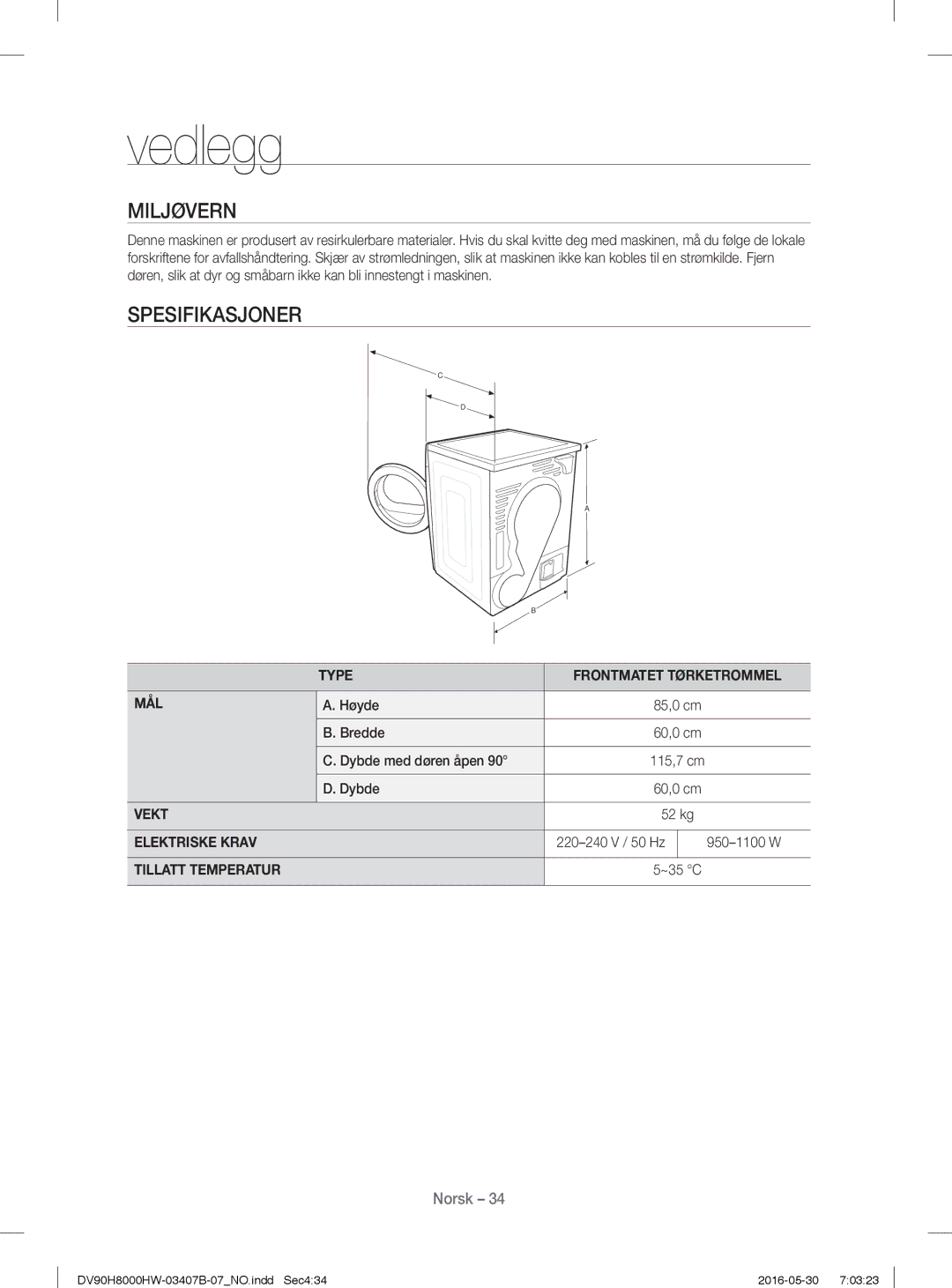 Samsung DV90H8000HW/EE, DV80H8100HW/EE manual Miljøvern, Spesifikasjoner 