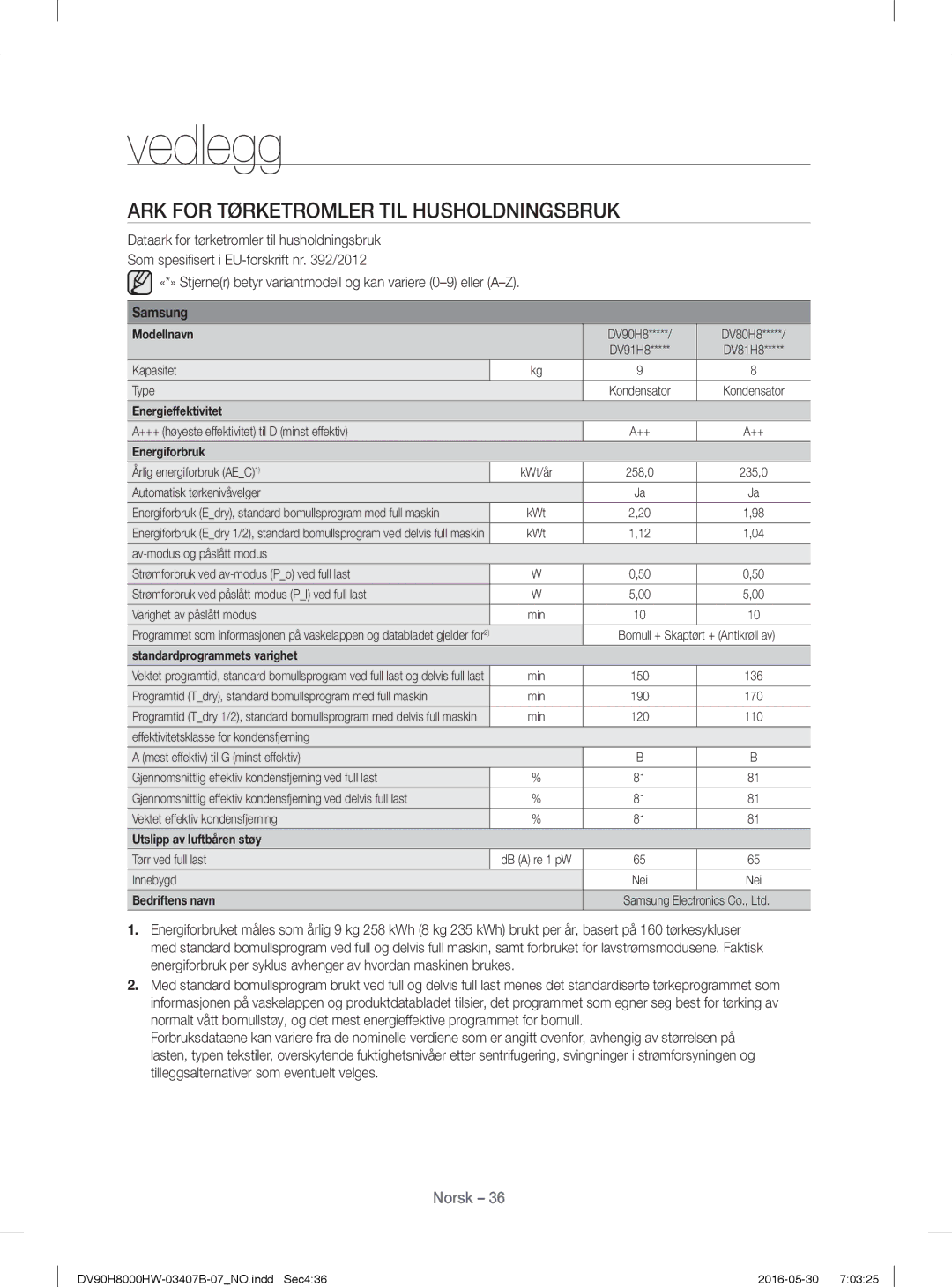 Samsung DV90H8000HW/EE, DV80H8100HW/EE manual ARK for Tørketromler TIL Husholdningsbruk, Energiforbruk 