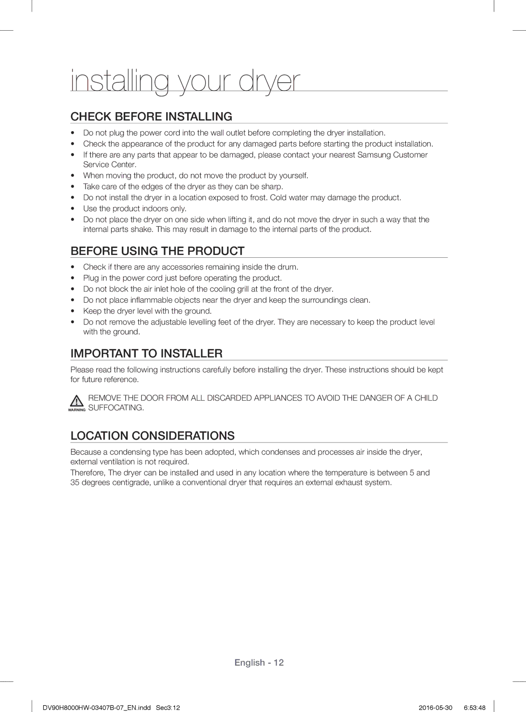 Samsung DV90H8000HW/EE Check Before Installing, Before Using the Product, Important to Installer, Location Considerations 