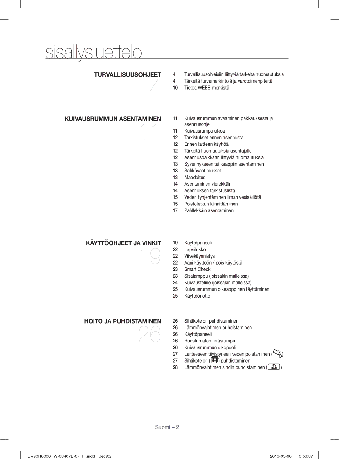 Samsung DV90H8000HW/EE, DV80H8100HW/EE manual Sisällysluettelo 