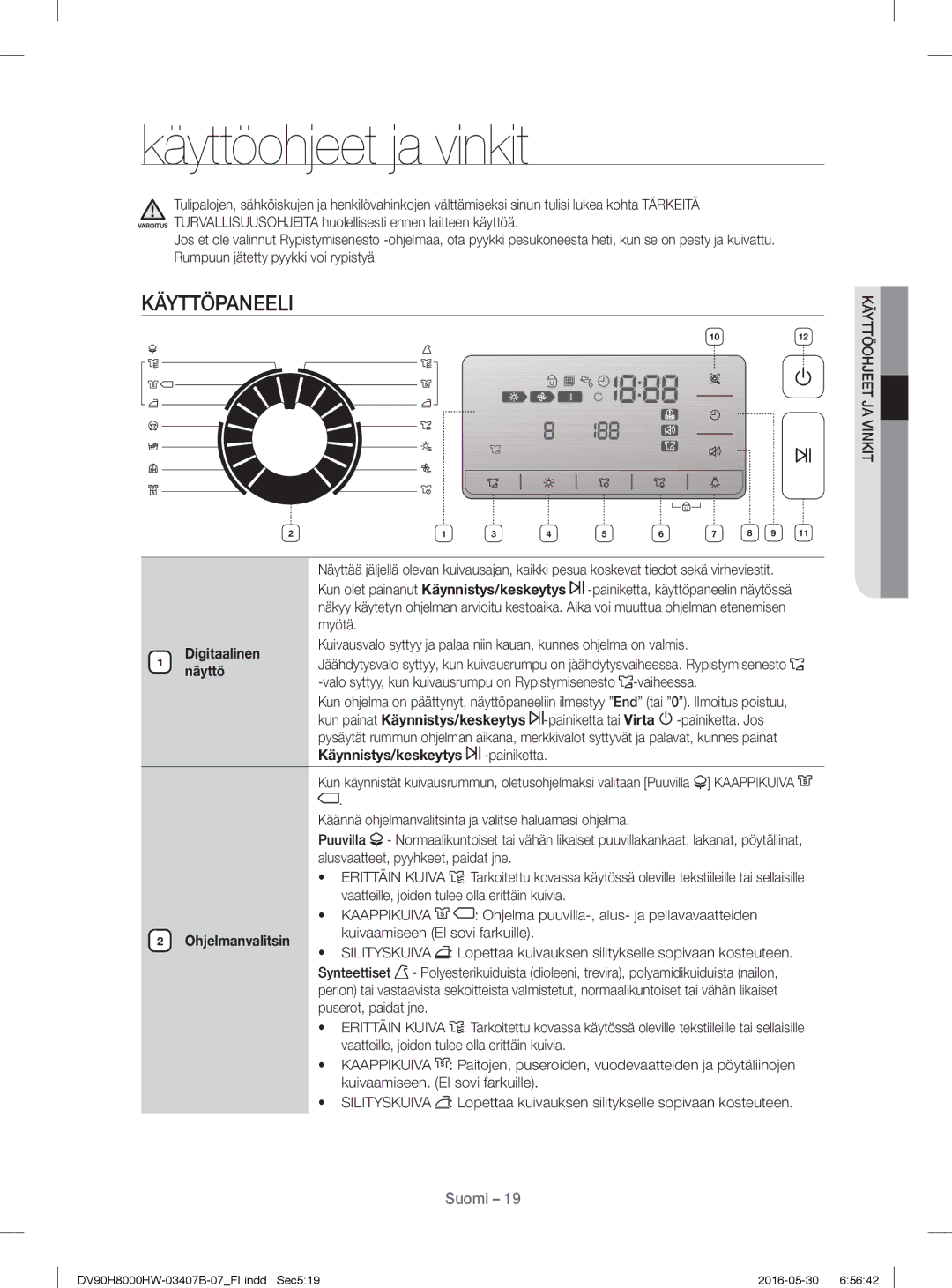 Samsung DV80H8100HW/EE, DV90H8000HW/EE manual Käyttöohjeet ja vinkit, Käyttöpaneeli, Digitaalinen, Ohjelmanvalitsin 