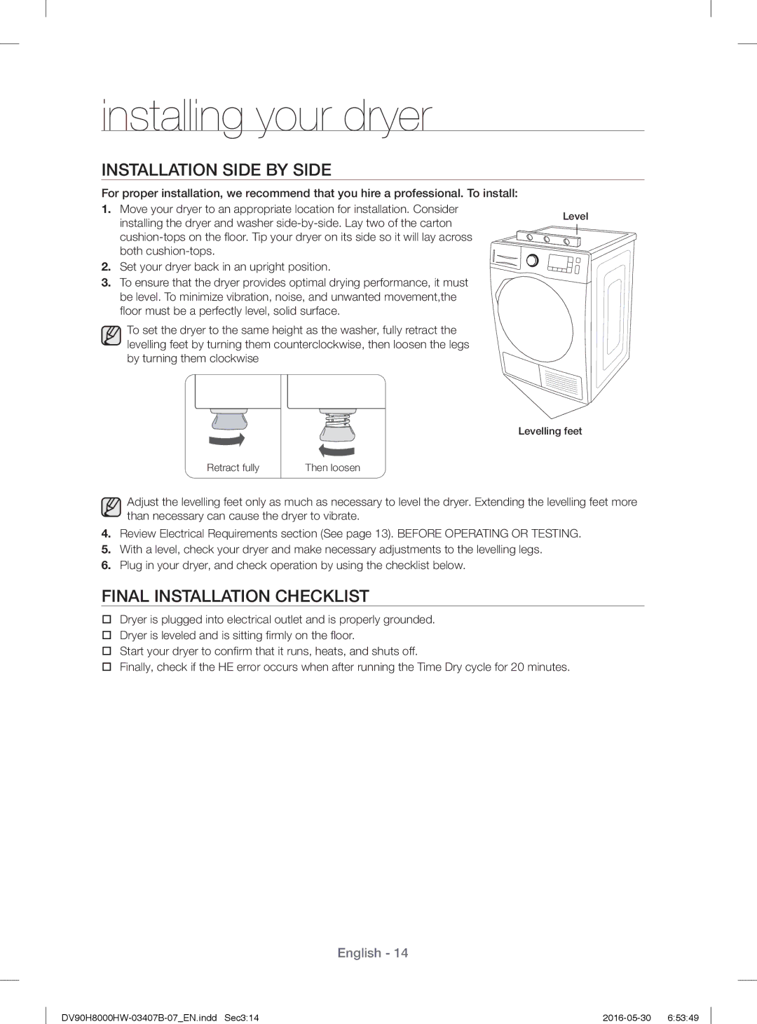 Samsung DV90H8000HW/EE, DV80H8100HW/EE manual Installation Side by Side, Final Installation Checklist 