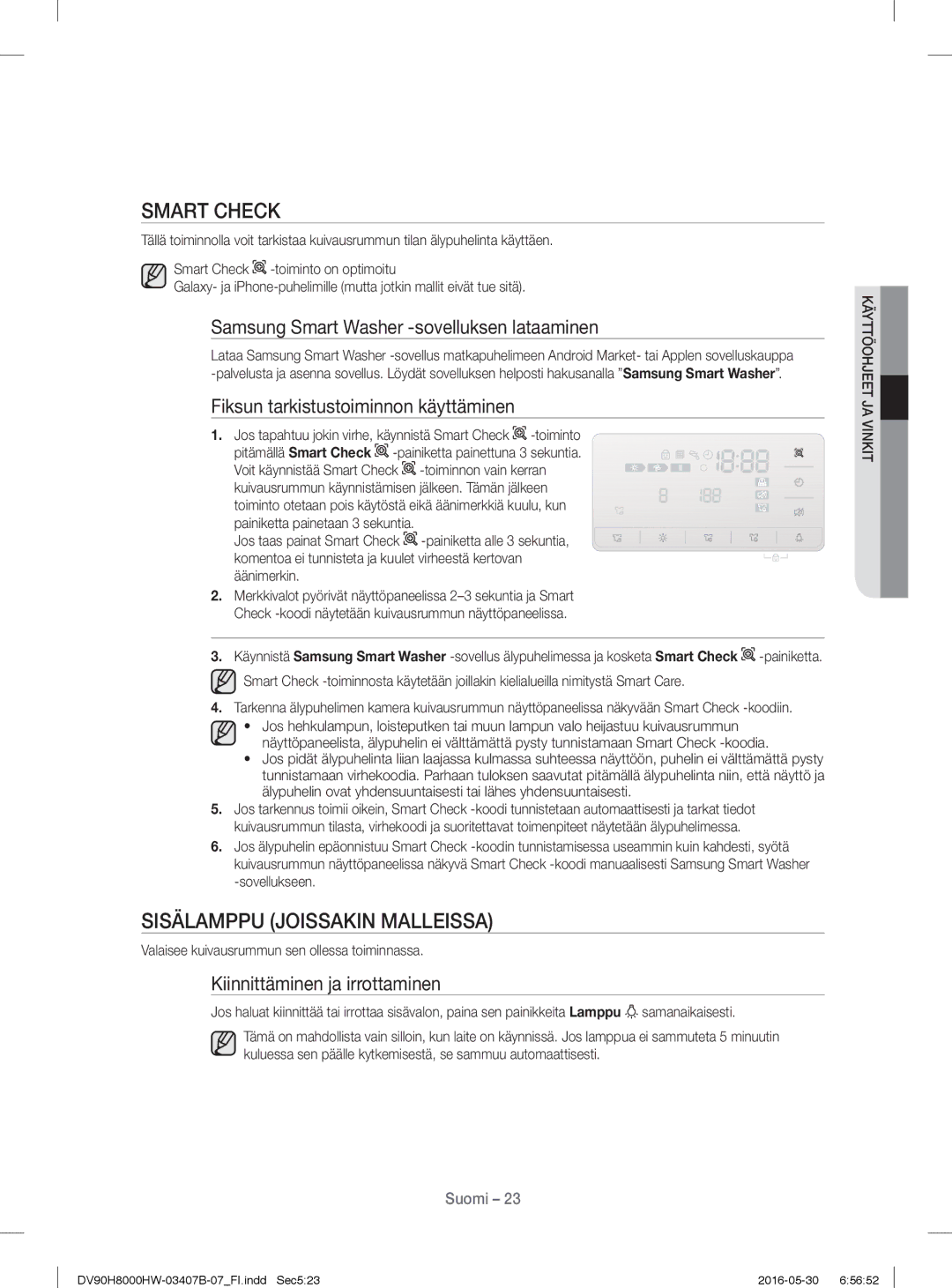 Samsung DV80H8100HW/EE, DV90H8000HW/EE manual Sisälamppu Joissakin Malleissa, Samsung Smart Washer -sovelluksen lataaminen 