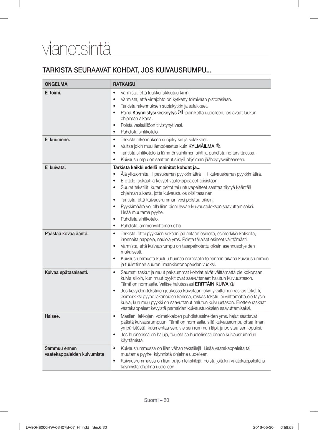 Samsung DV90H8000HW/EE manual Vianetsintä, Tarkista Seuraavat KOHDAT, JOS Kuivausrumpu, Ongelma Ratkaisu, Ohjelman aikana 