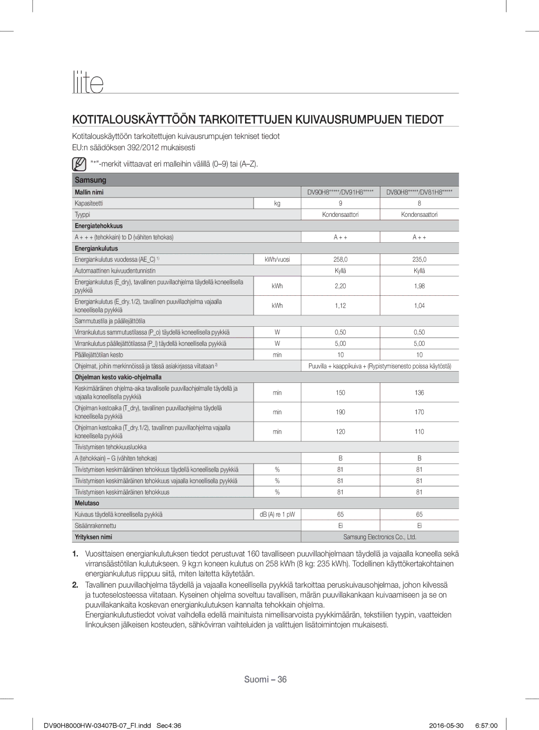 Samsung DV90H8000HW/EE, DV80H8100HW/EE manual Kotitalouskäyttöön Tarkoitettujen Kuivausrumpujen Tiedot, Energiankulutus 